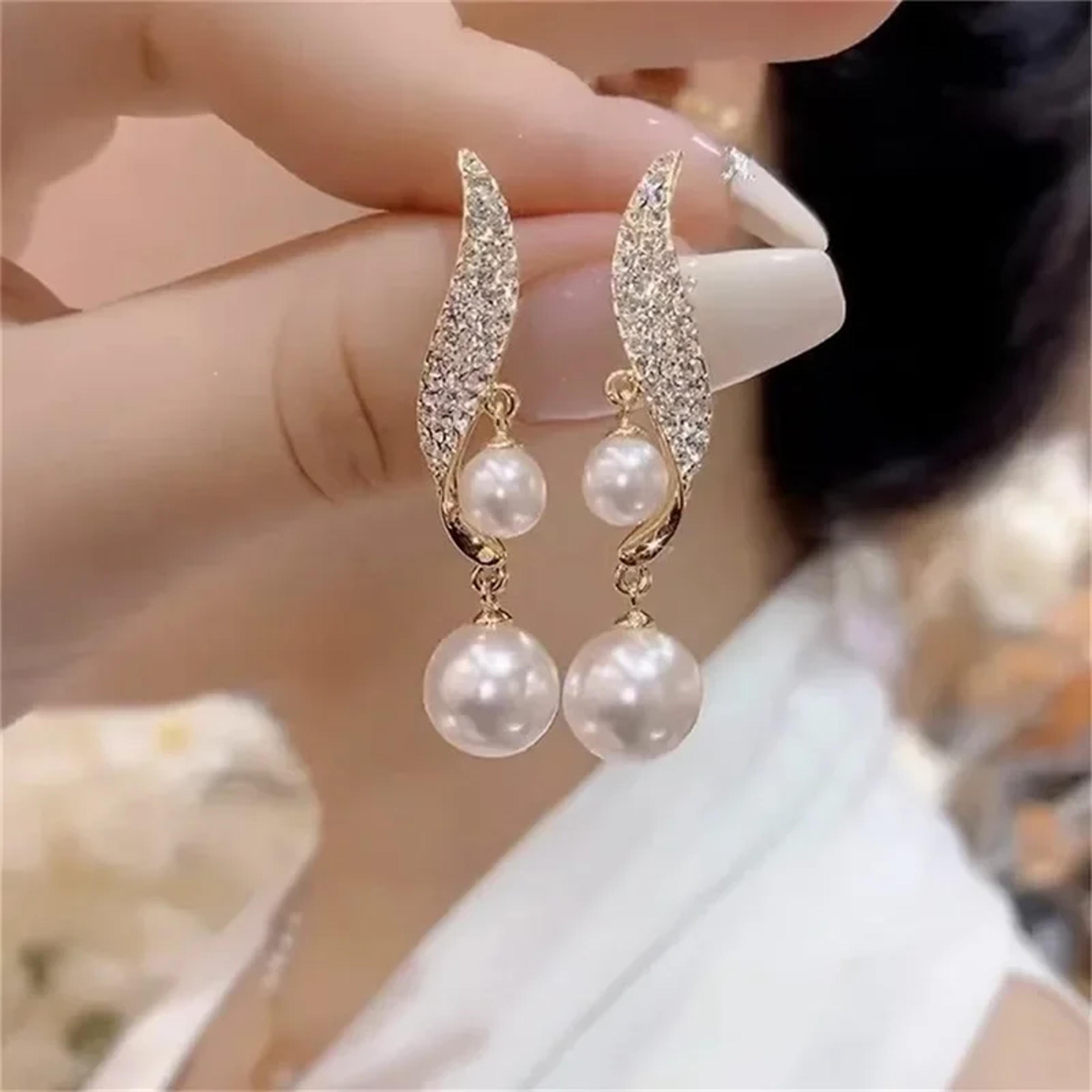 elegant pearl dangle earrings with zircon studs for weddings, parties & everyday style