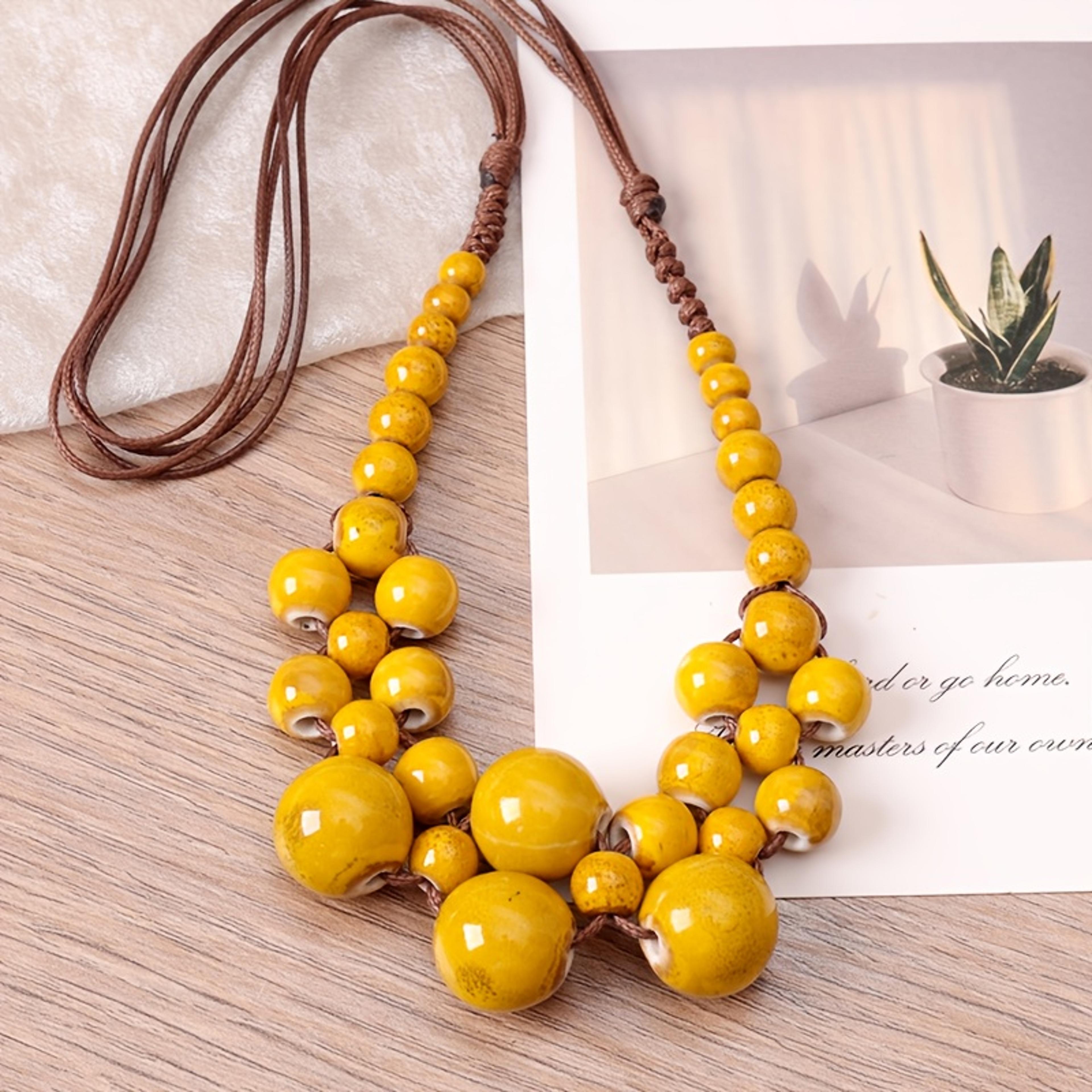 vintage boho beaded necklace with handmade ceramic pendant for women | rope chain jewelry