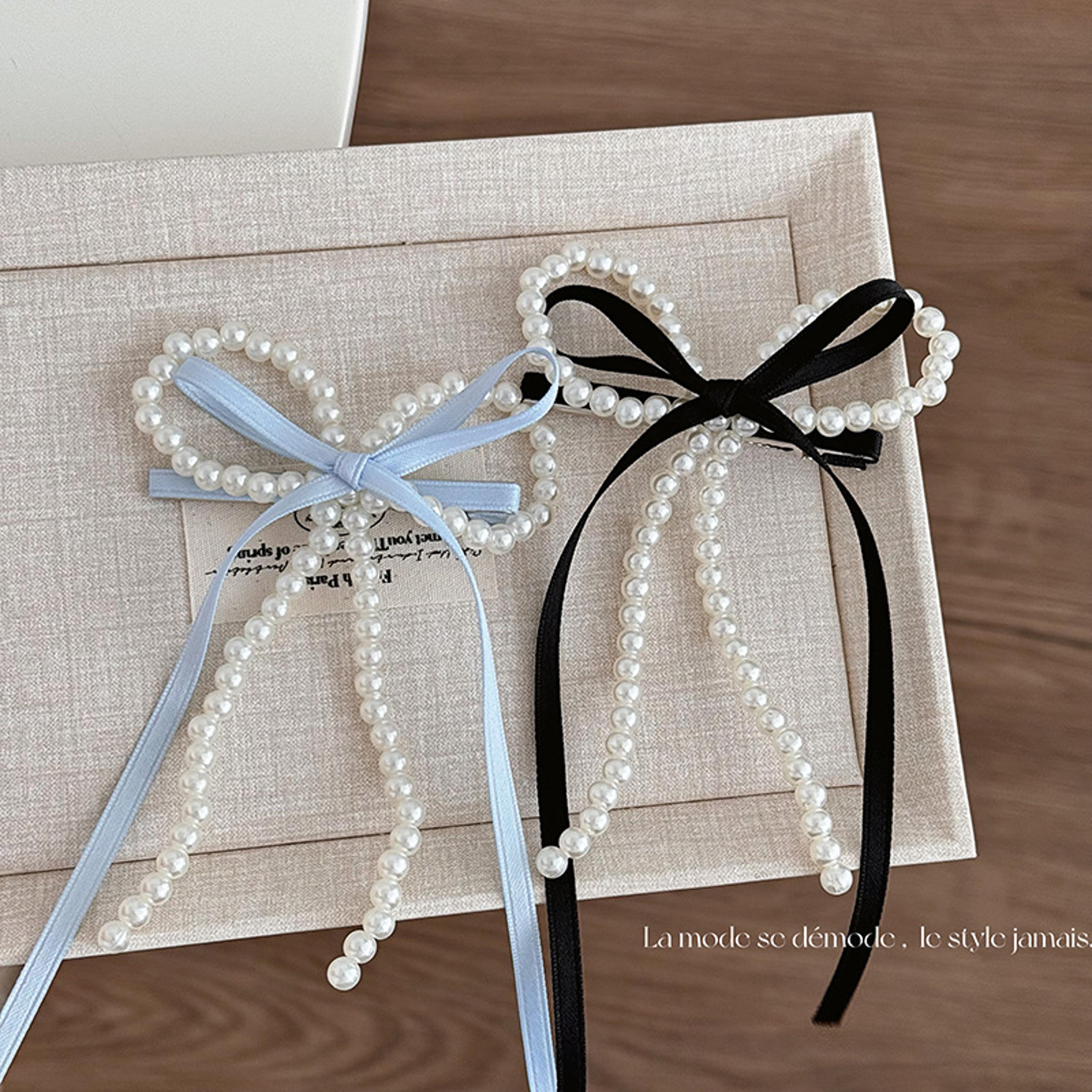 elegant pearl ribbon bow hair barrette coquette duckbill hair clip for women & girls