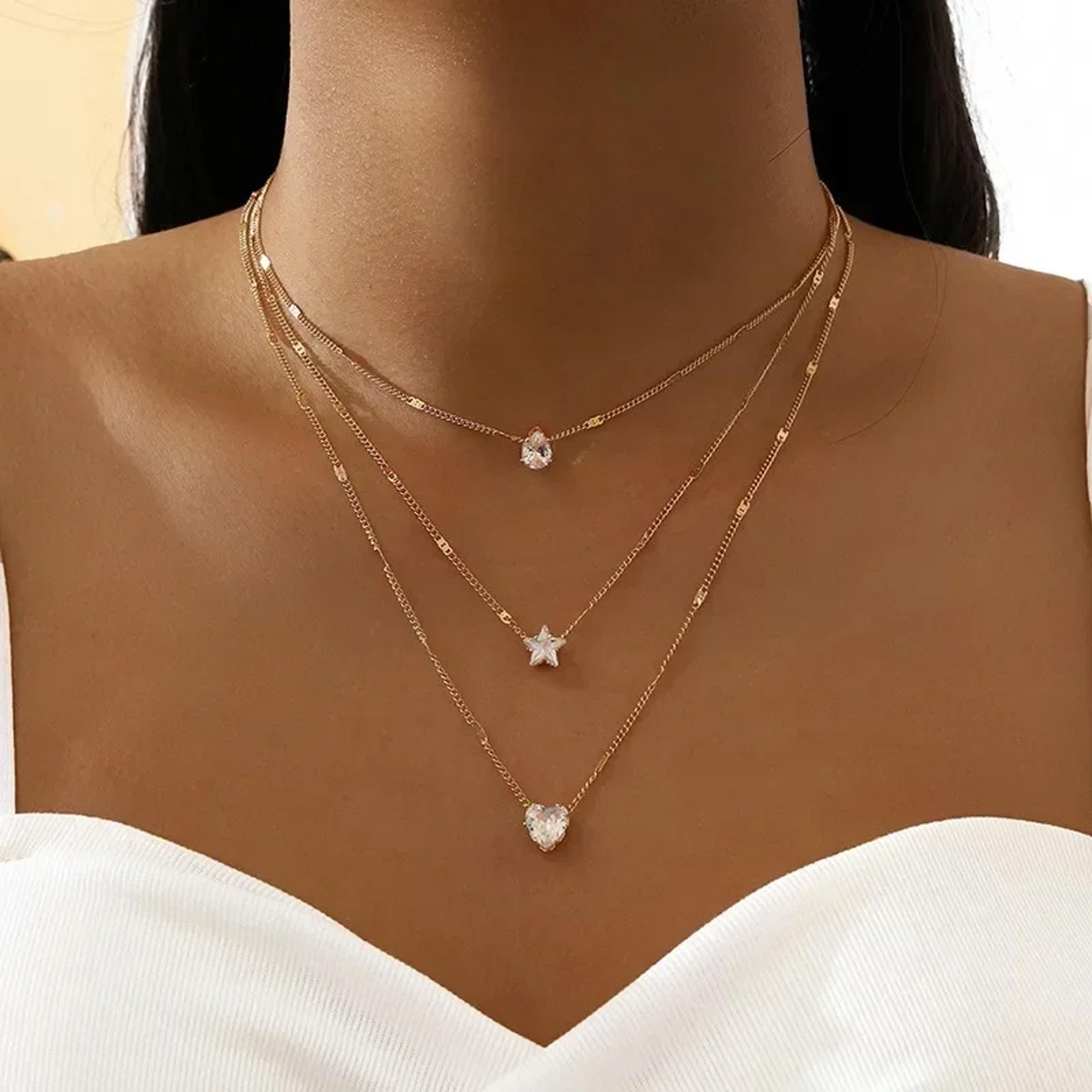 vintage layered necklace with crystal heart & star charms for women