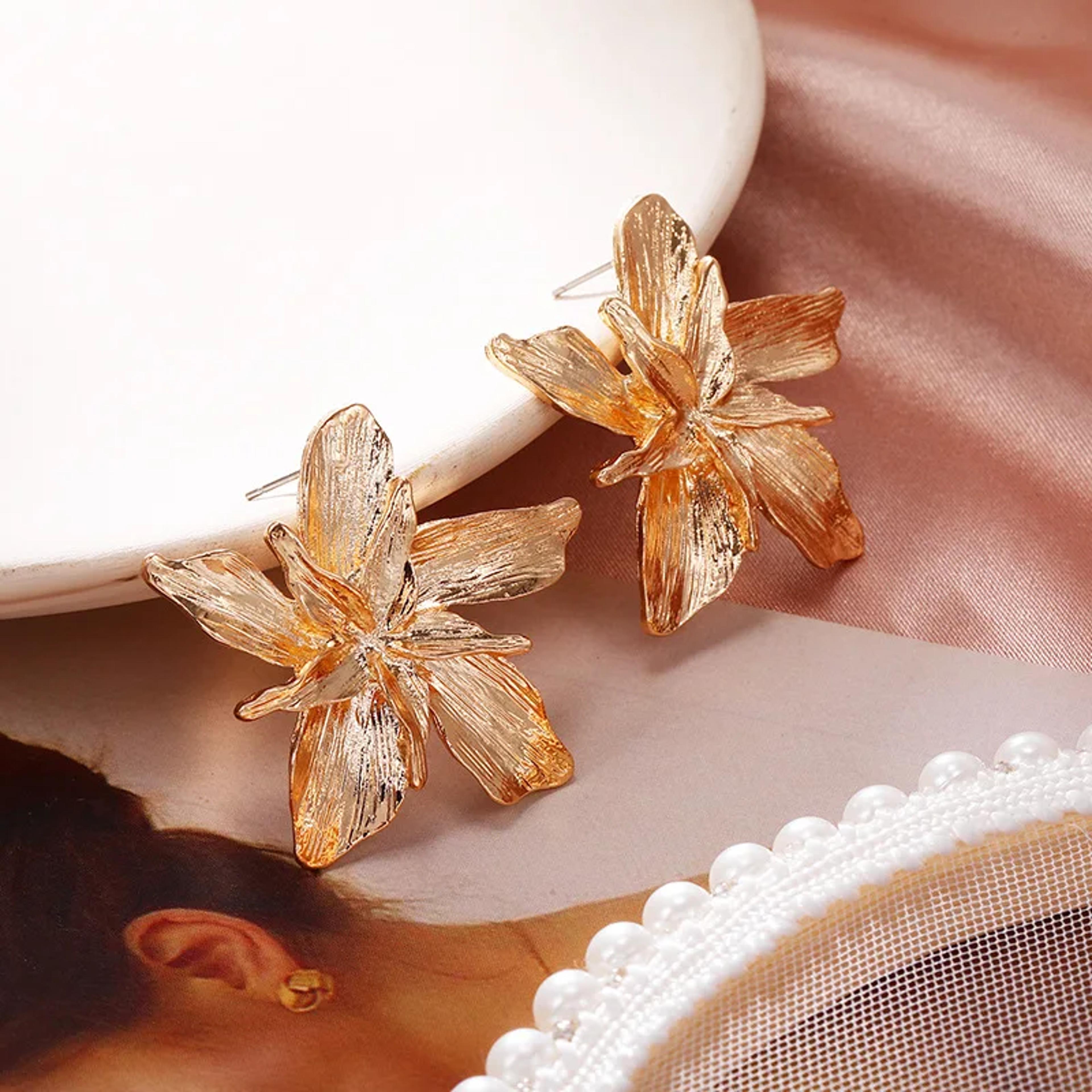 elegant double layer flower statement earrings stainless steel gold & silver floral earrings for women