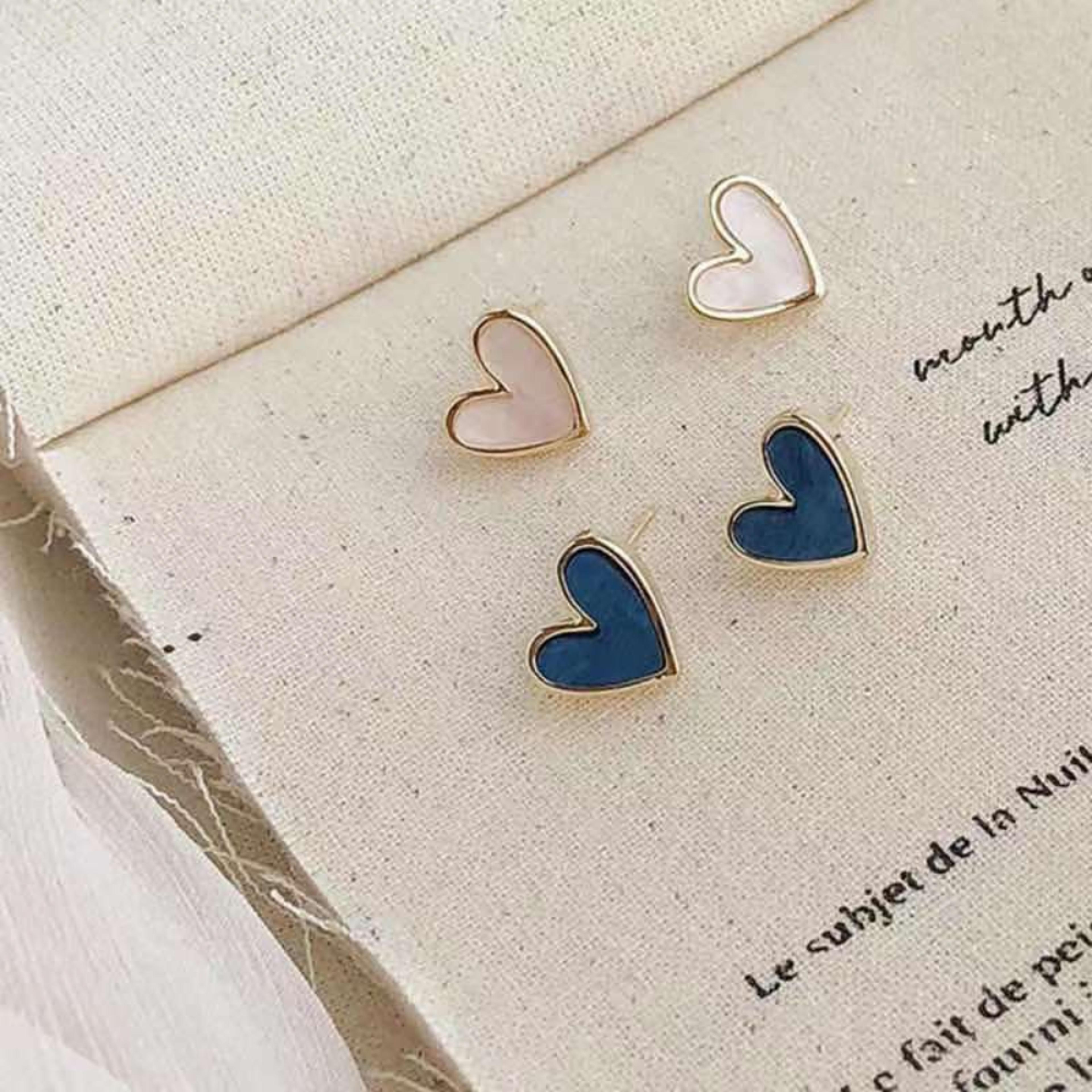 cute heart stud earrings blue & pink glazed love earrings for women & girls
