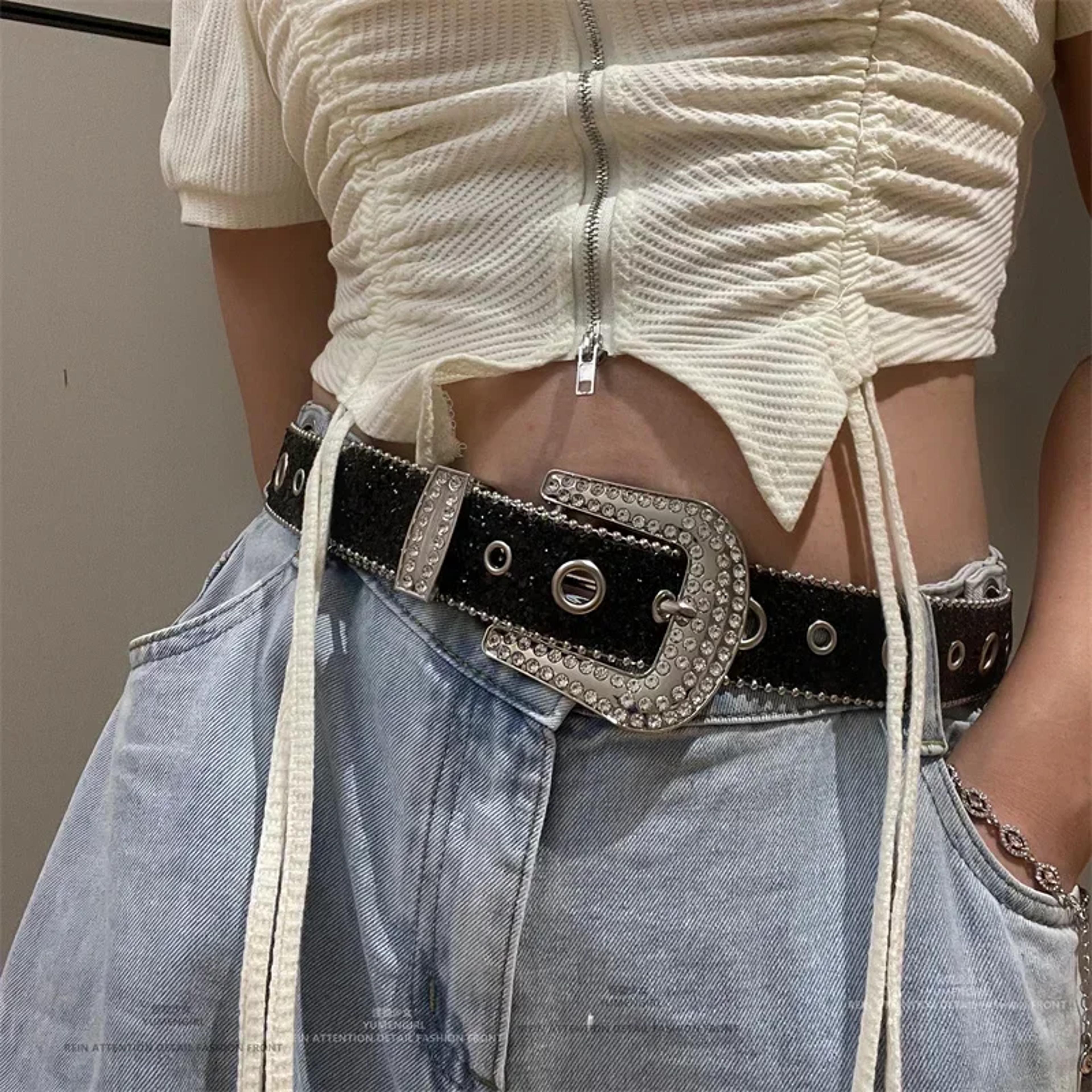 rhinestone studded belt bling pu leather adjustable waist belt for women