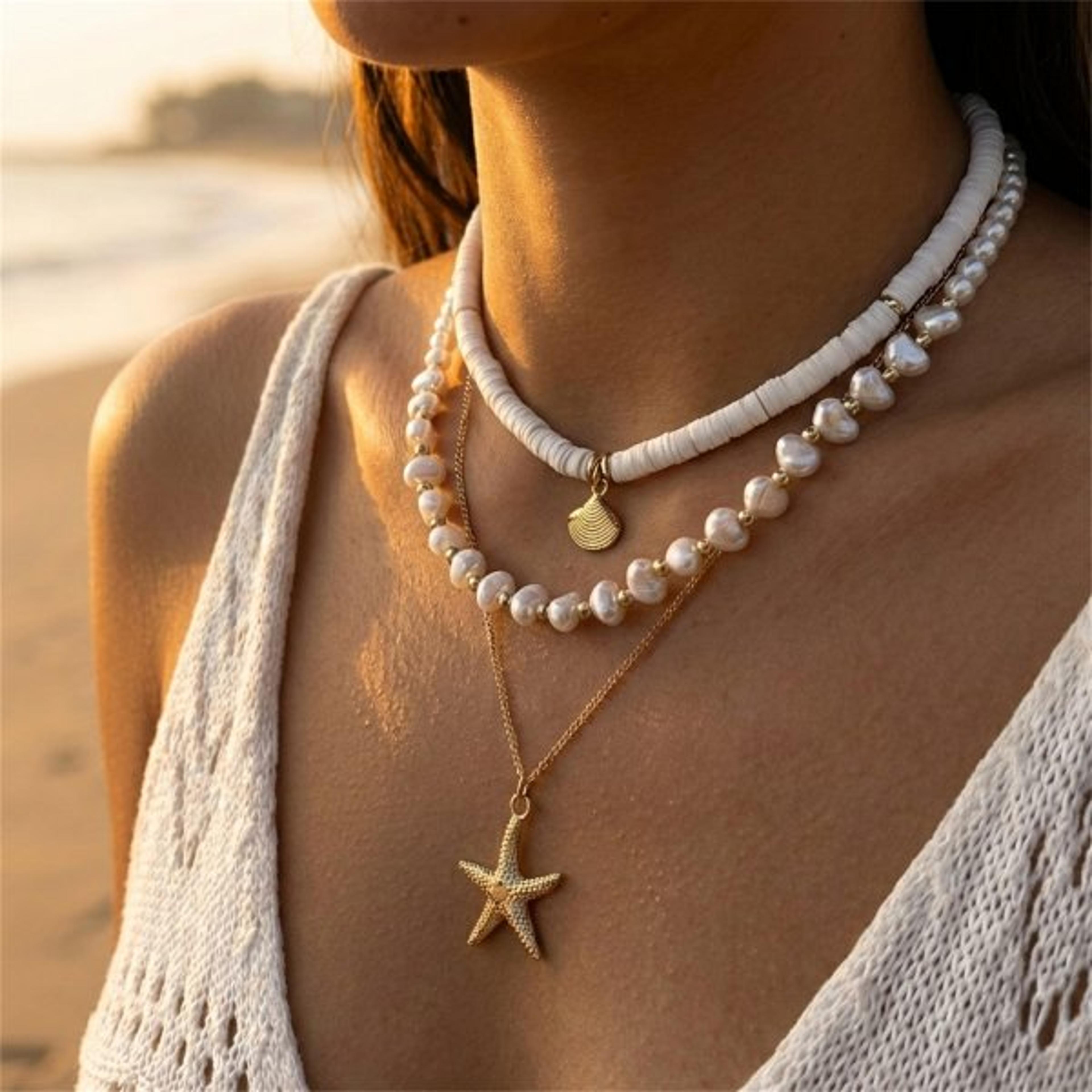 bohemian layered shell & starfish necklace with blue beads handmade coastal beach jewelry