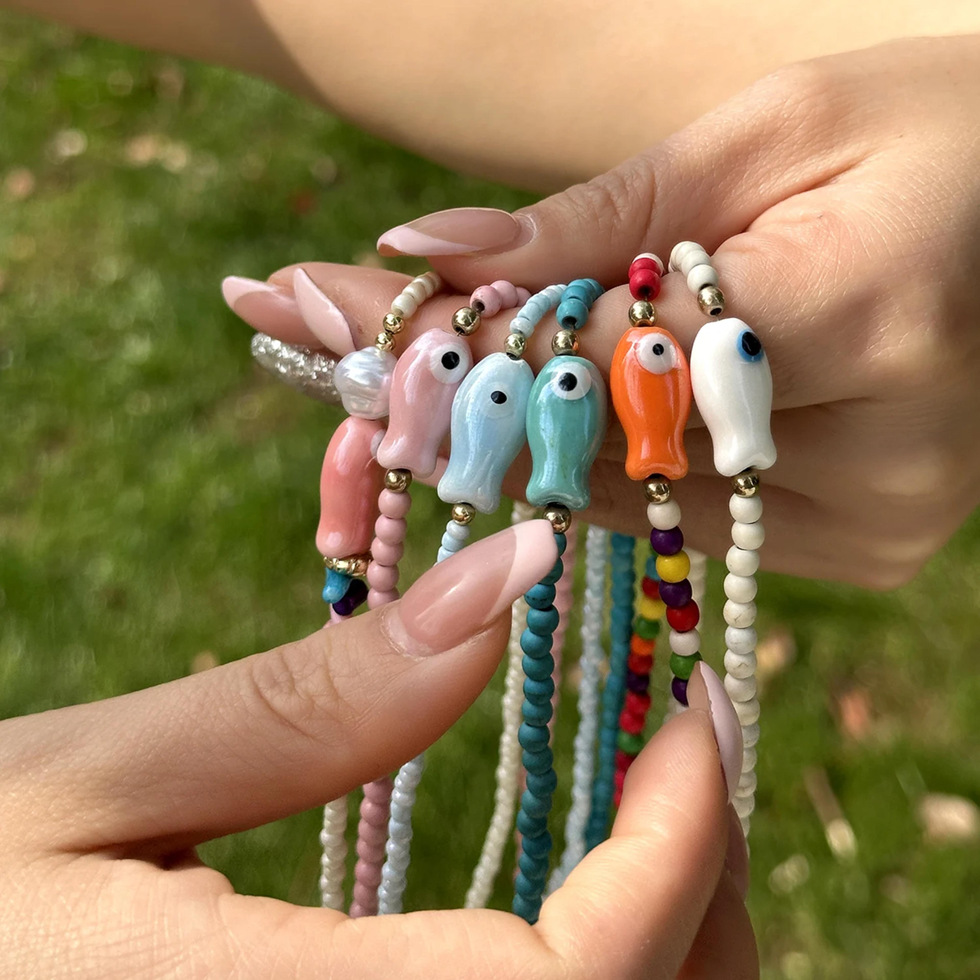 handmade fish bead necklace colorful ceramic fish beach choker for women & unisex boho jewelry