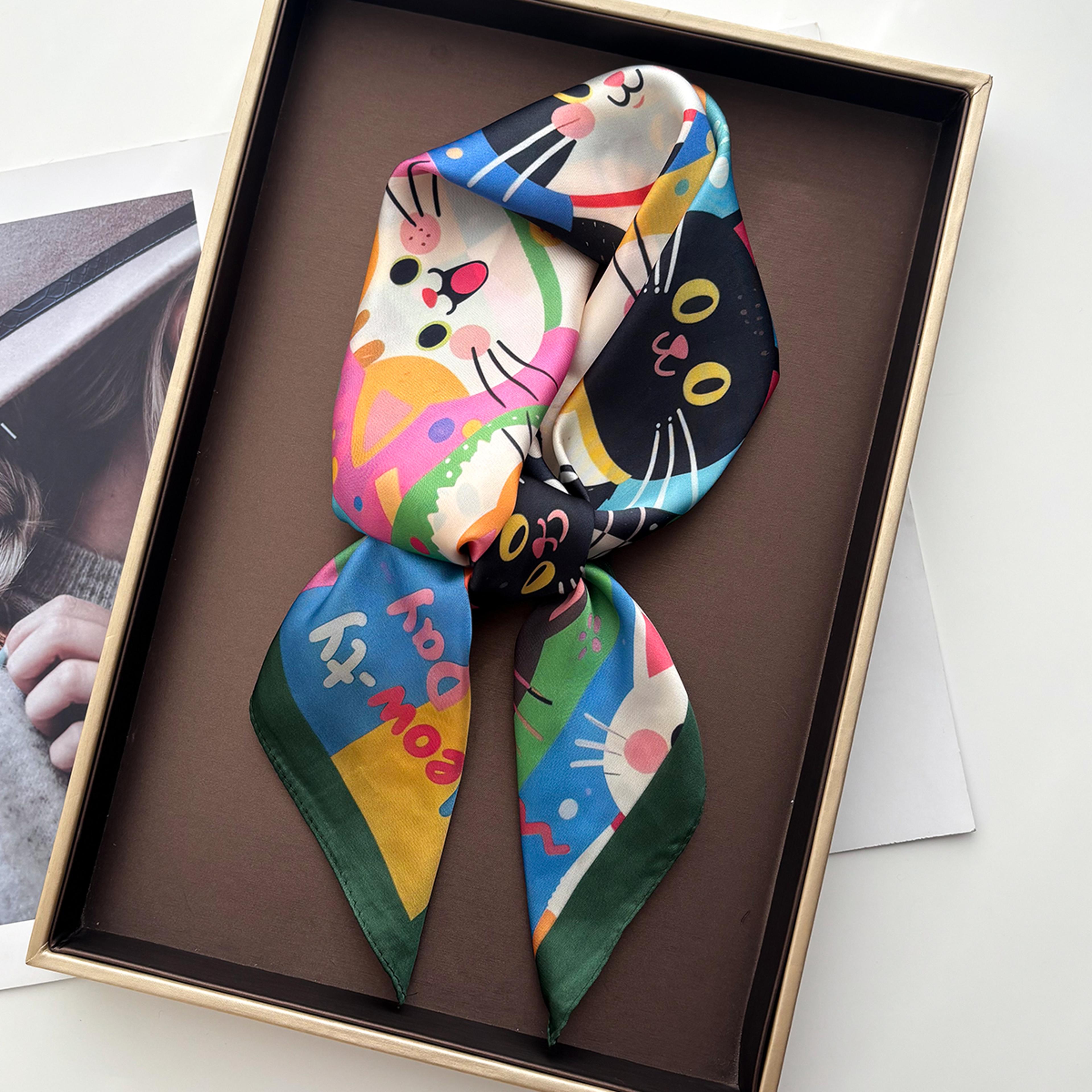 elegant cat print silk scarf for women soft womens square scarf & hair accessory