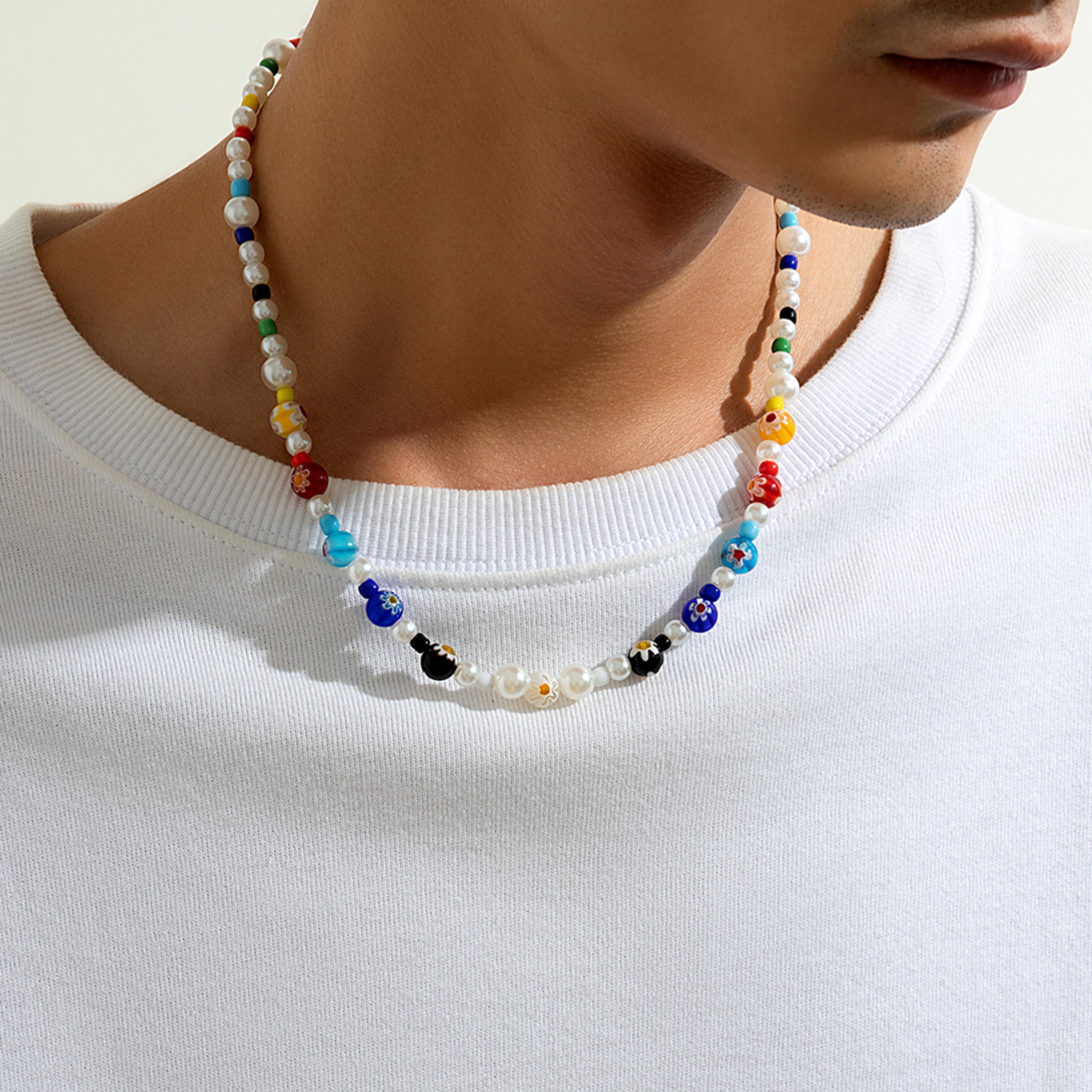 beaded choker with colorful flower beads & faux pearl accent necklace