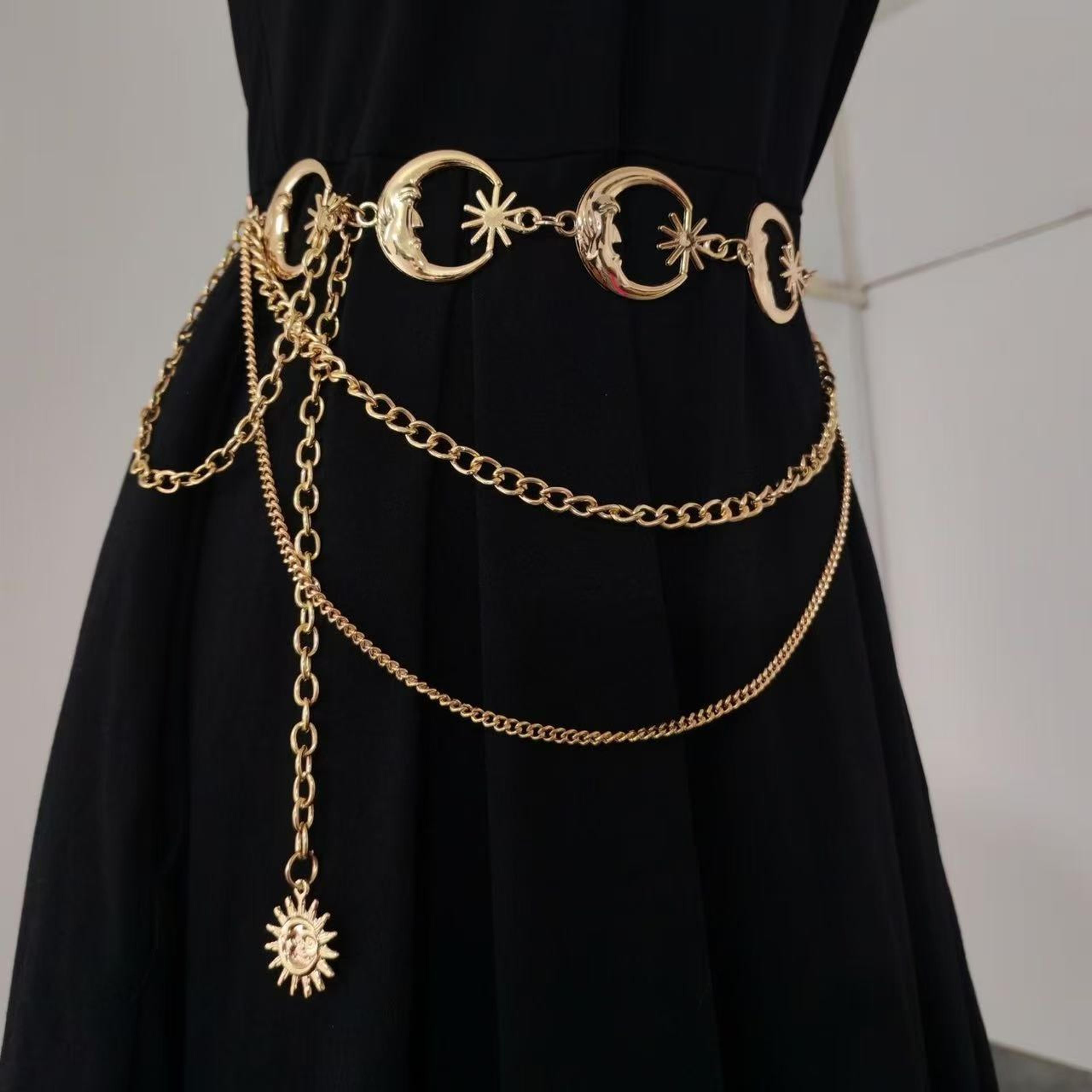 bohemian gold waist chain with moon tassel adjustable metal waist belt for dresses & festivals