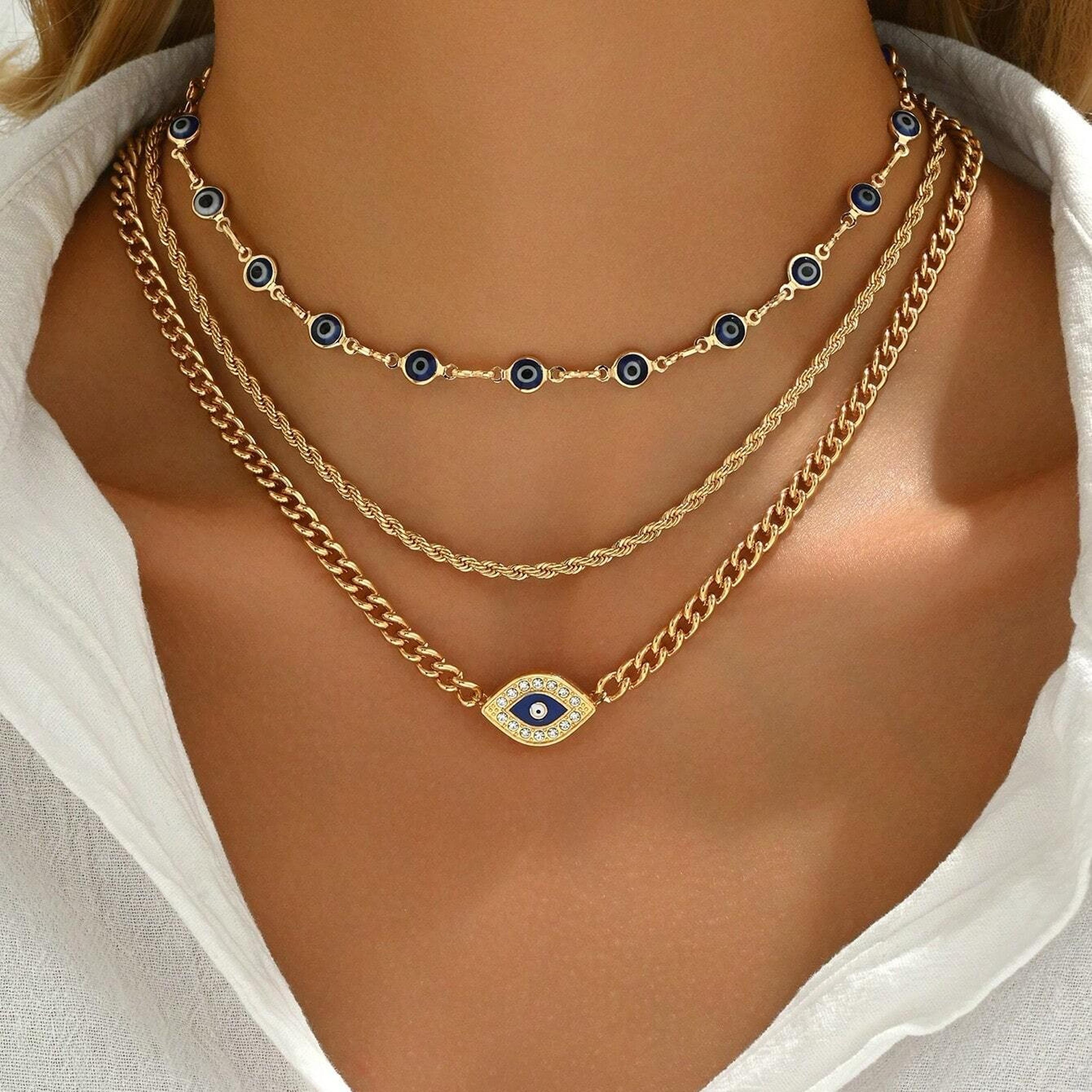evil eye necklace layered crystal lucky charm boho pendant necklace for women