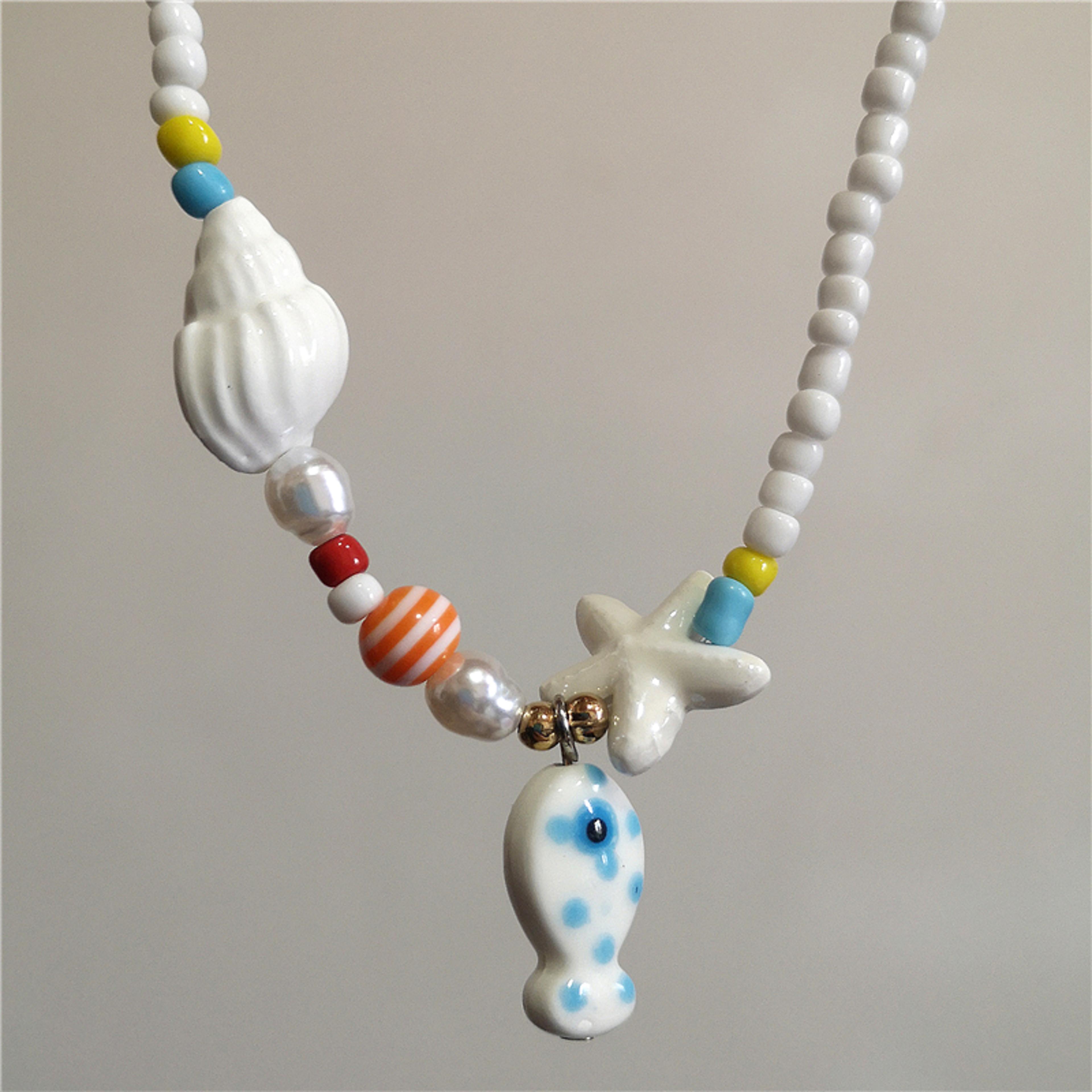 boho beaded choker beach necklace with ceramic fish & starfish pendant for women