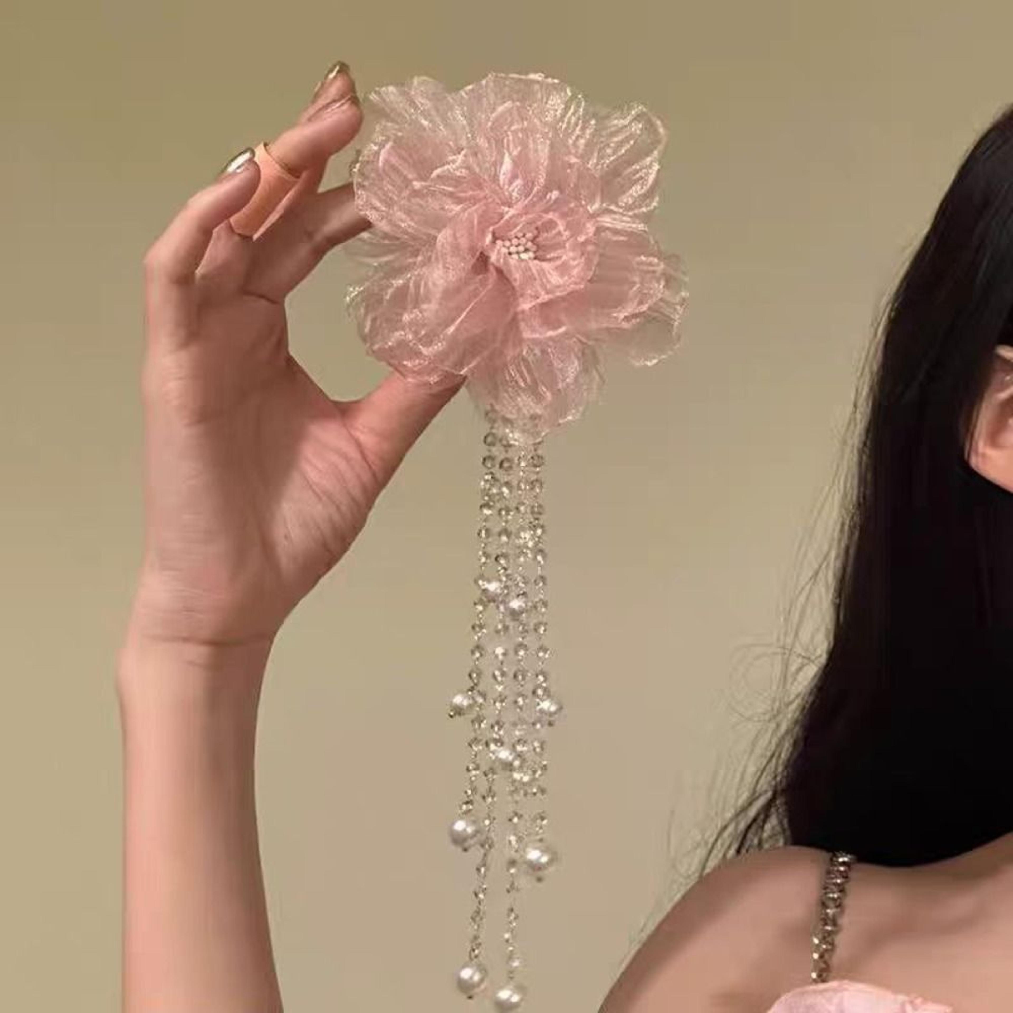 elegant peony flower hair clip with pearl tassels floral hair barrette for weddings & parties