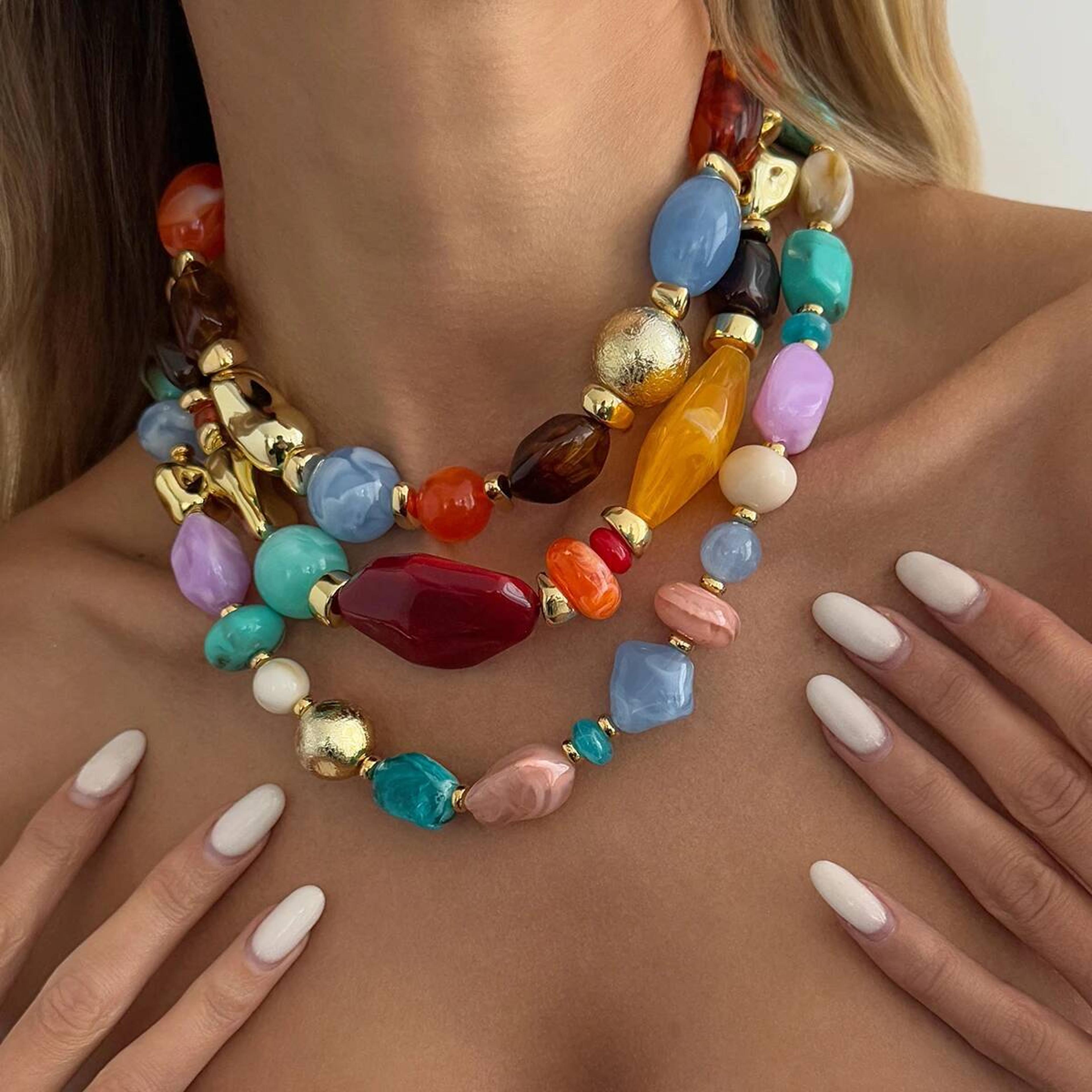 bohemian colorful resin beaded choker necklace adjustable vintage acrylic boho jewelry for women