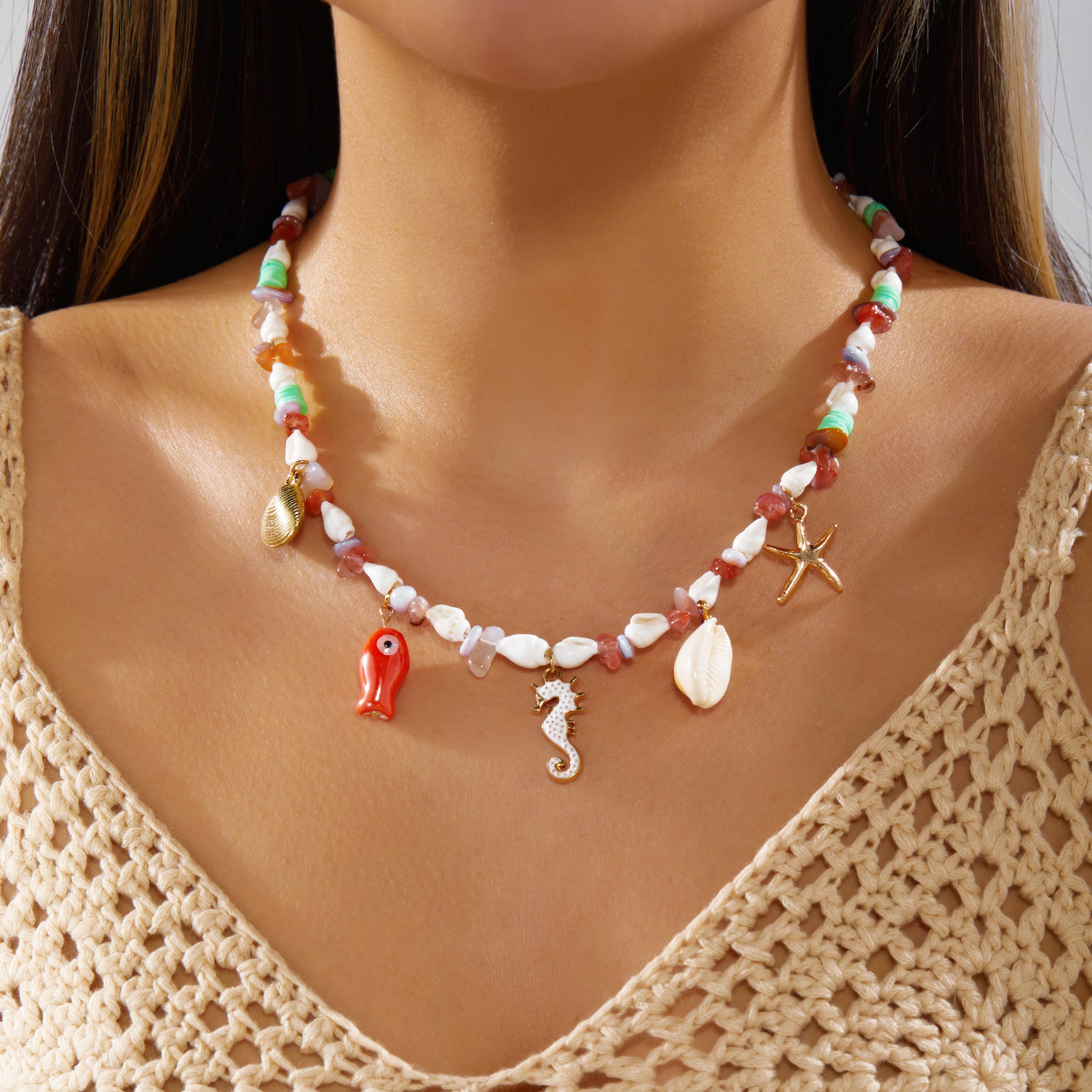 coastal boho shell necklace with starfish beads & ceramic stone charm for women