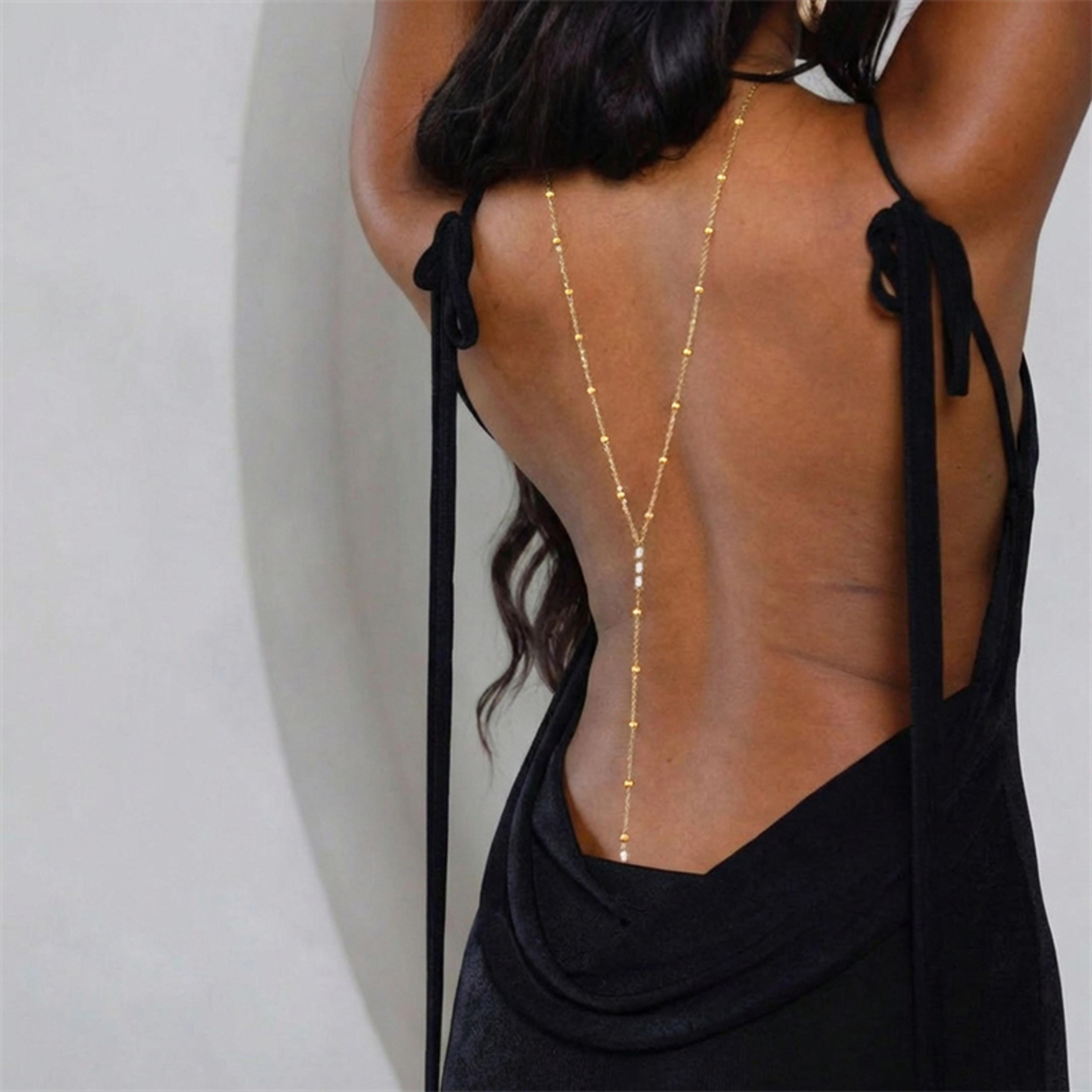 elegant back drop necklace with crystal zircon & pearl tassel for bridal & backless dresses