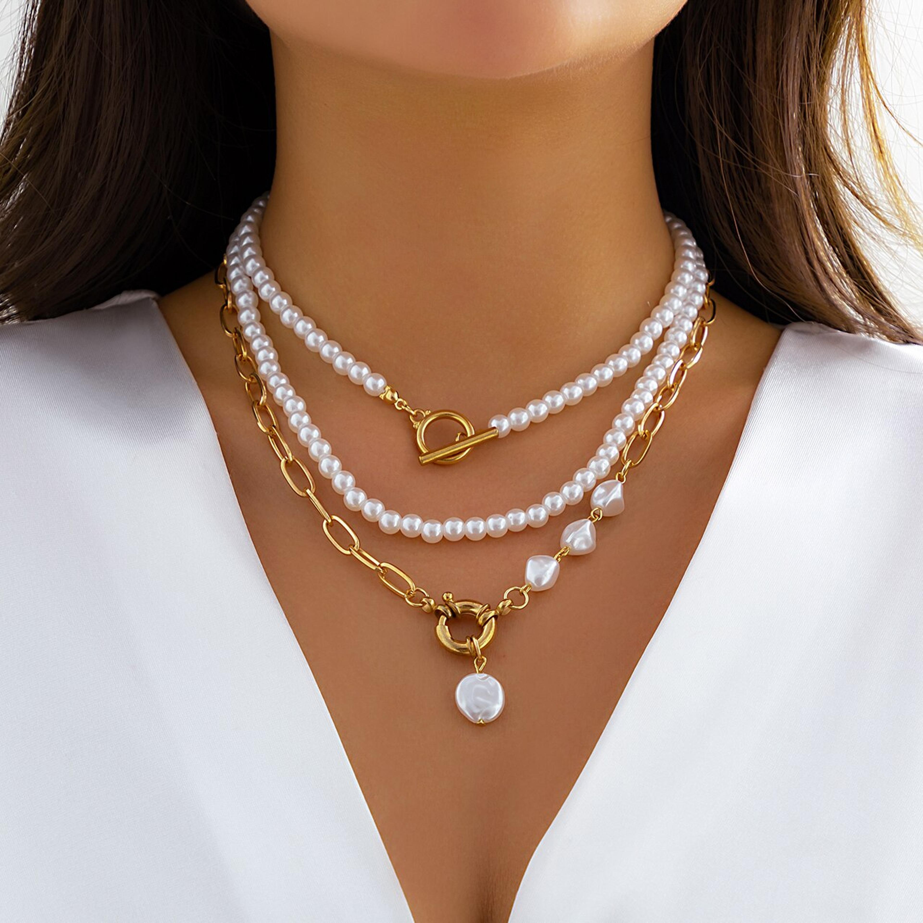 elegant layered pearl necklace set necklace with ot buckle faux pearl pendant