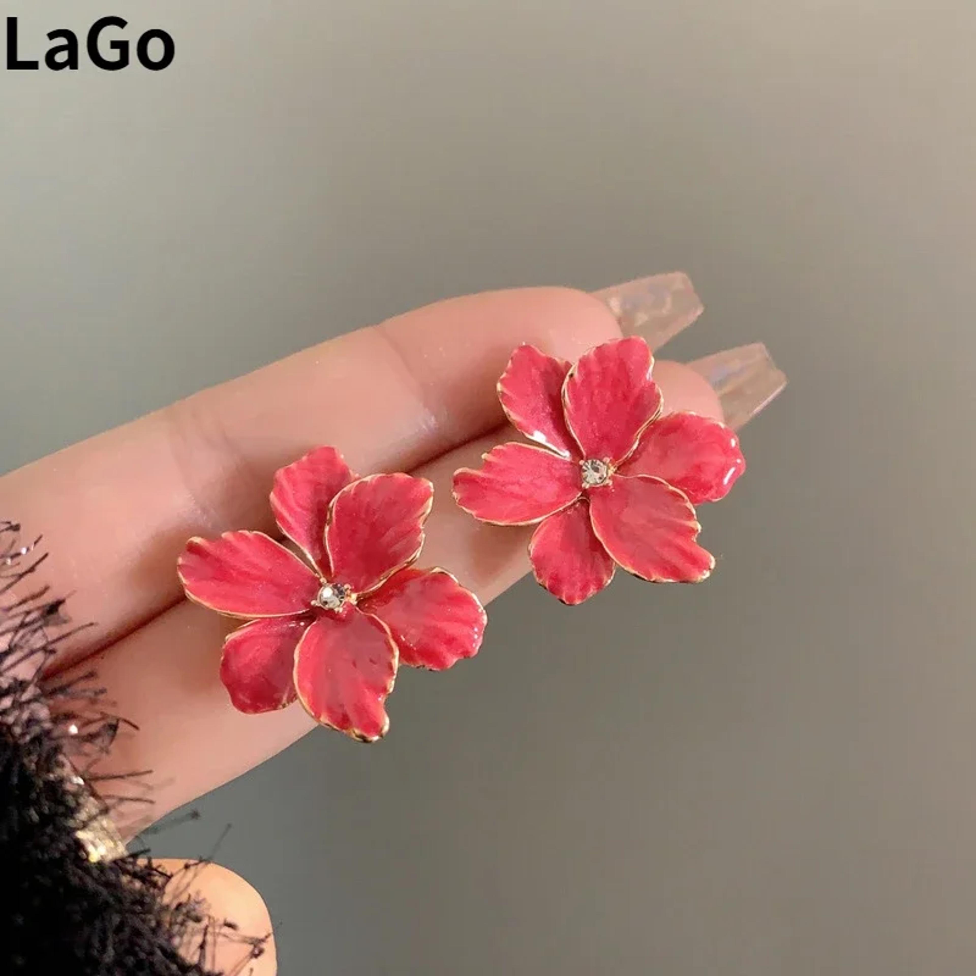 elegant red flower earrings with silver needle floral stud earrings for women