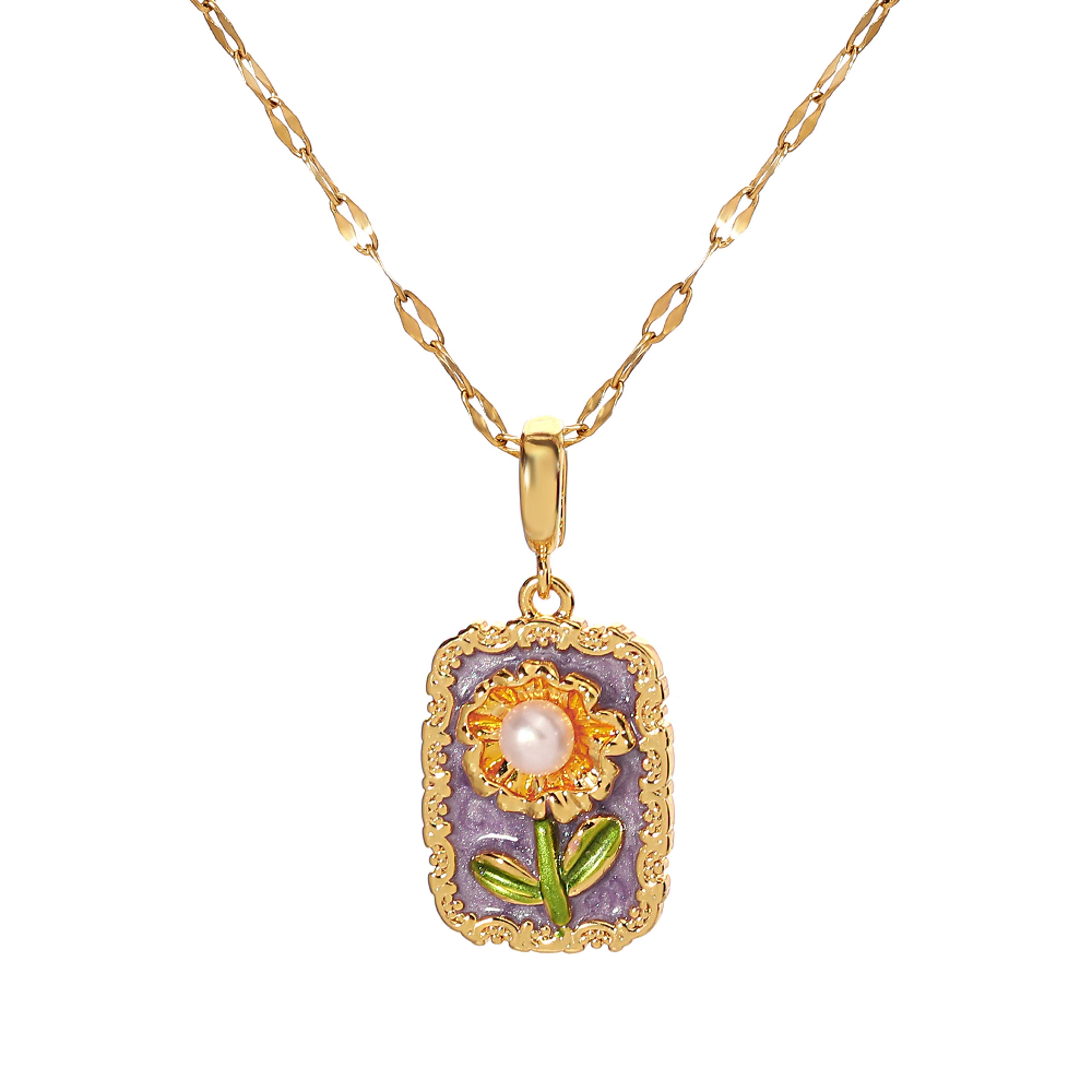 elegant floral pearl necklace with enamel flower oval pendant stainless steel necklace for women