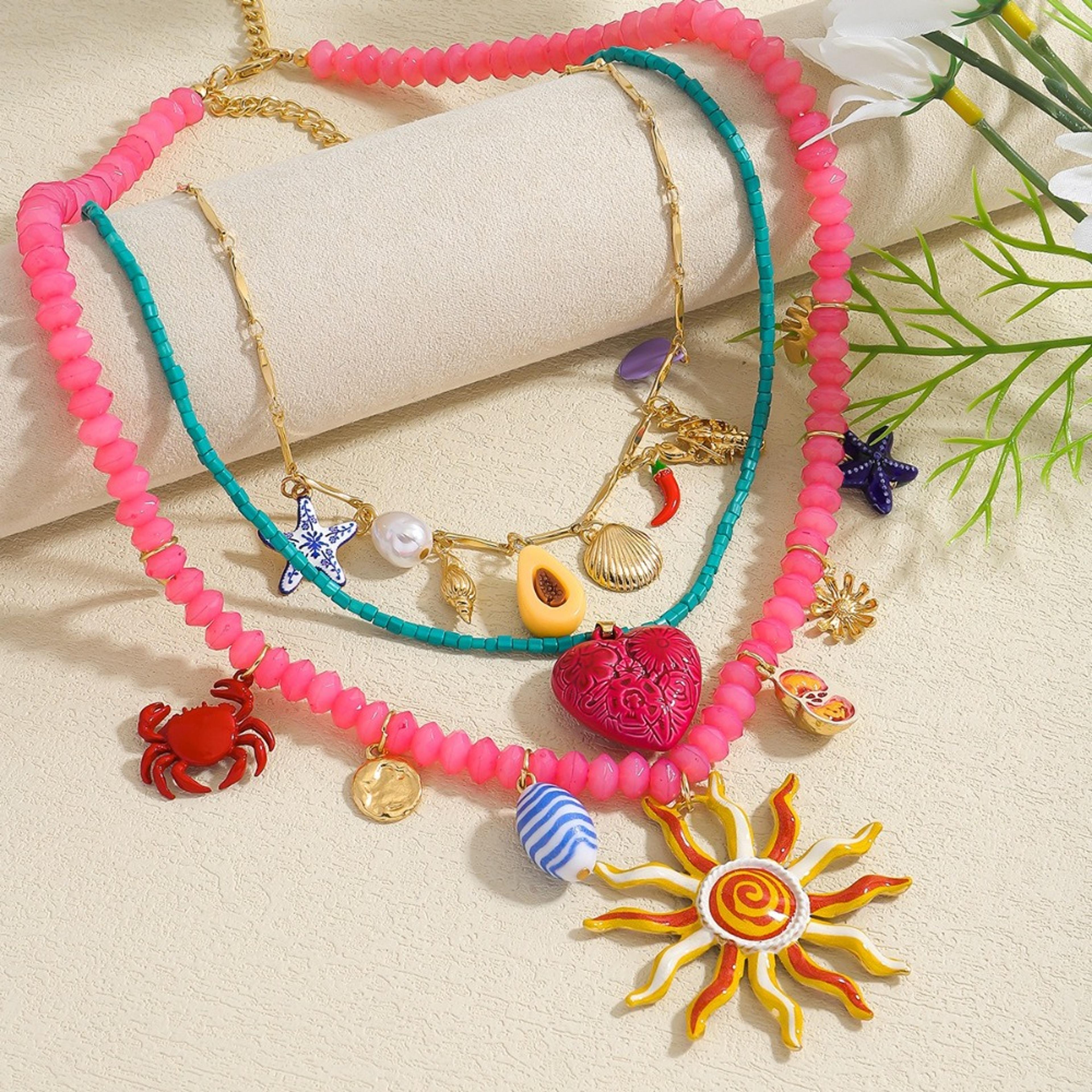 boho layered beach necklace set colorful beaded summer jewelry with ocean charms
