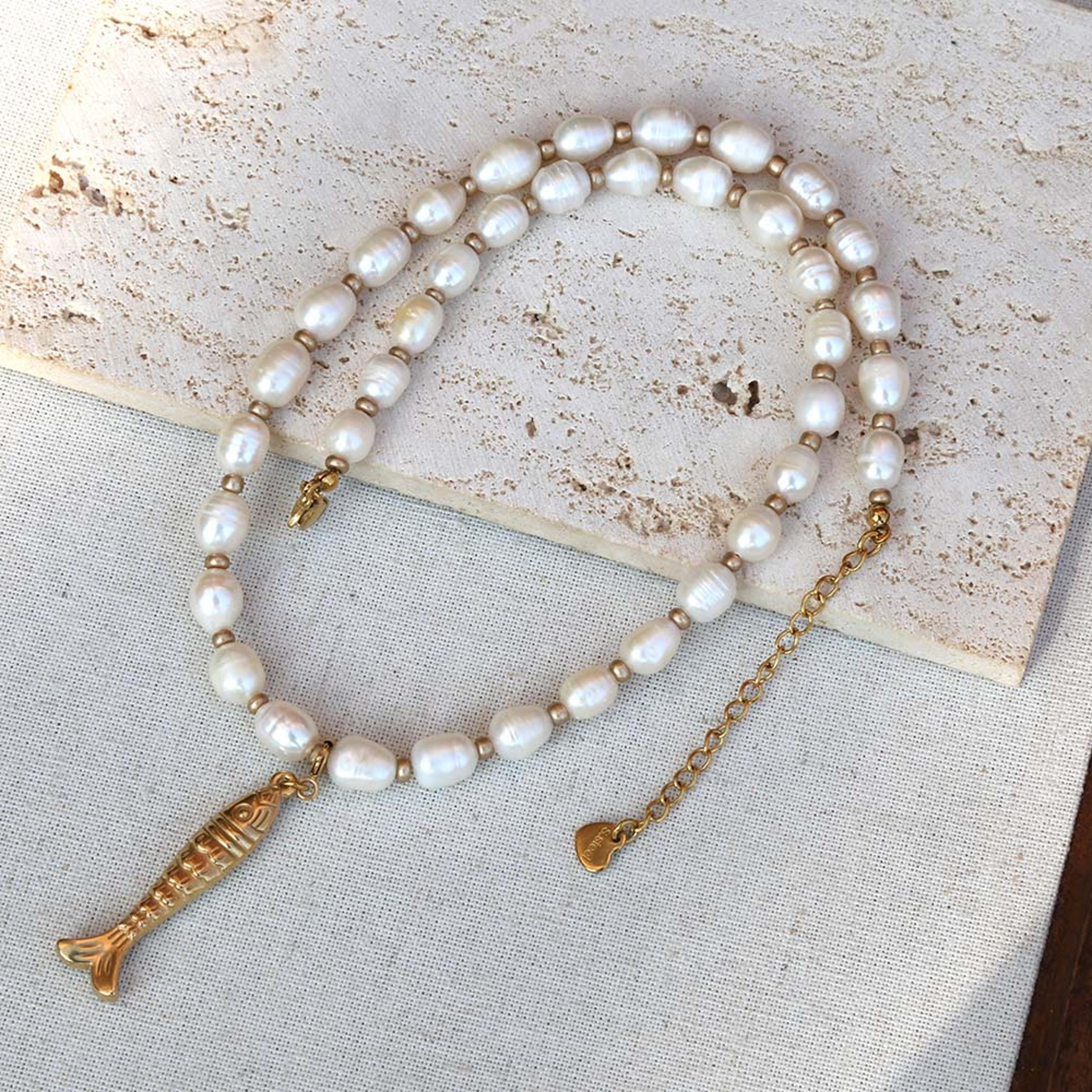 natural pearl fish pendant necklace stainless steel minimalist pearl jewelry for women
