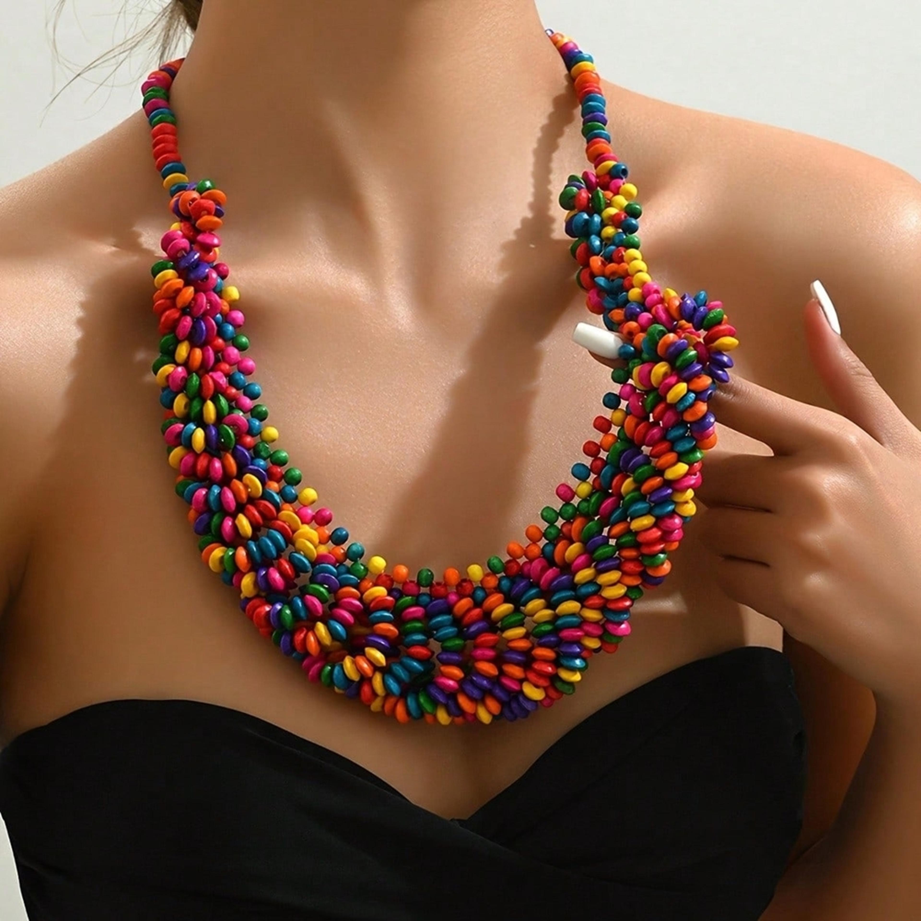 bohemian statement wooden bead necklace handwoven colorful boho jewelry for women