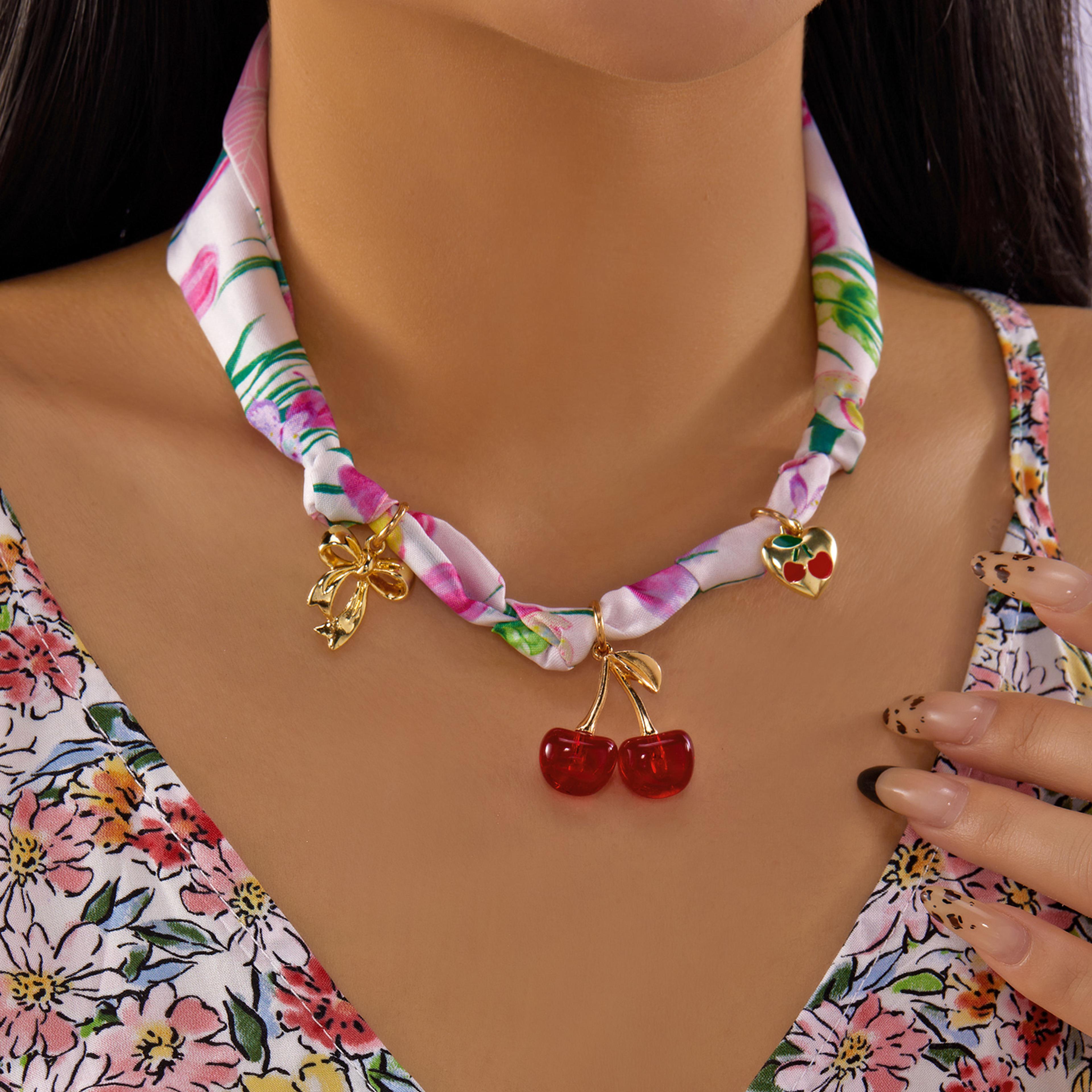 artisan scarf necklace with cherry & heart charms layered charm necklace for women