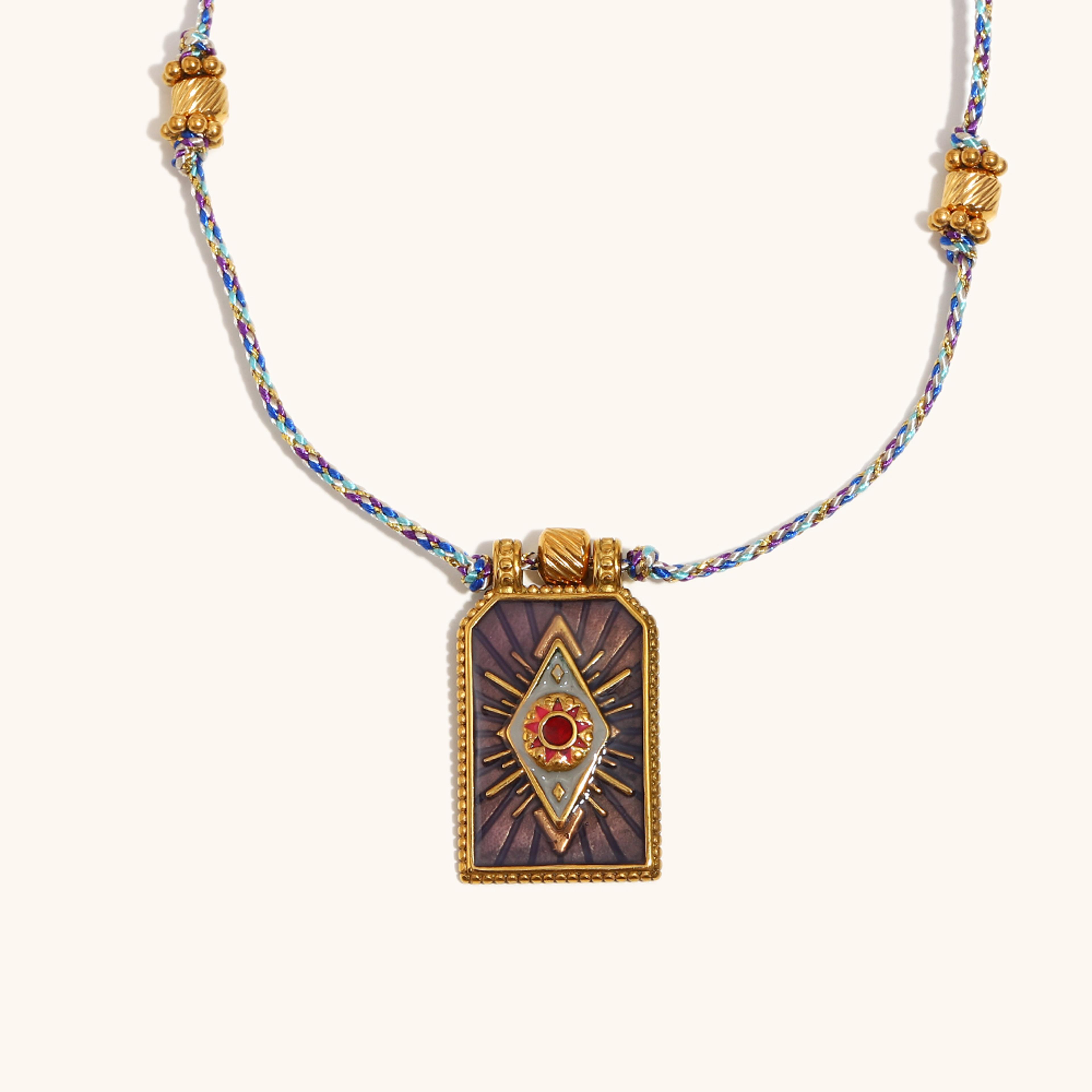 gold sun eye tarot pendant necklace with woven rope necklace & stainless steel chain