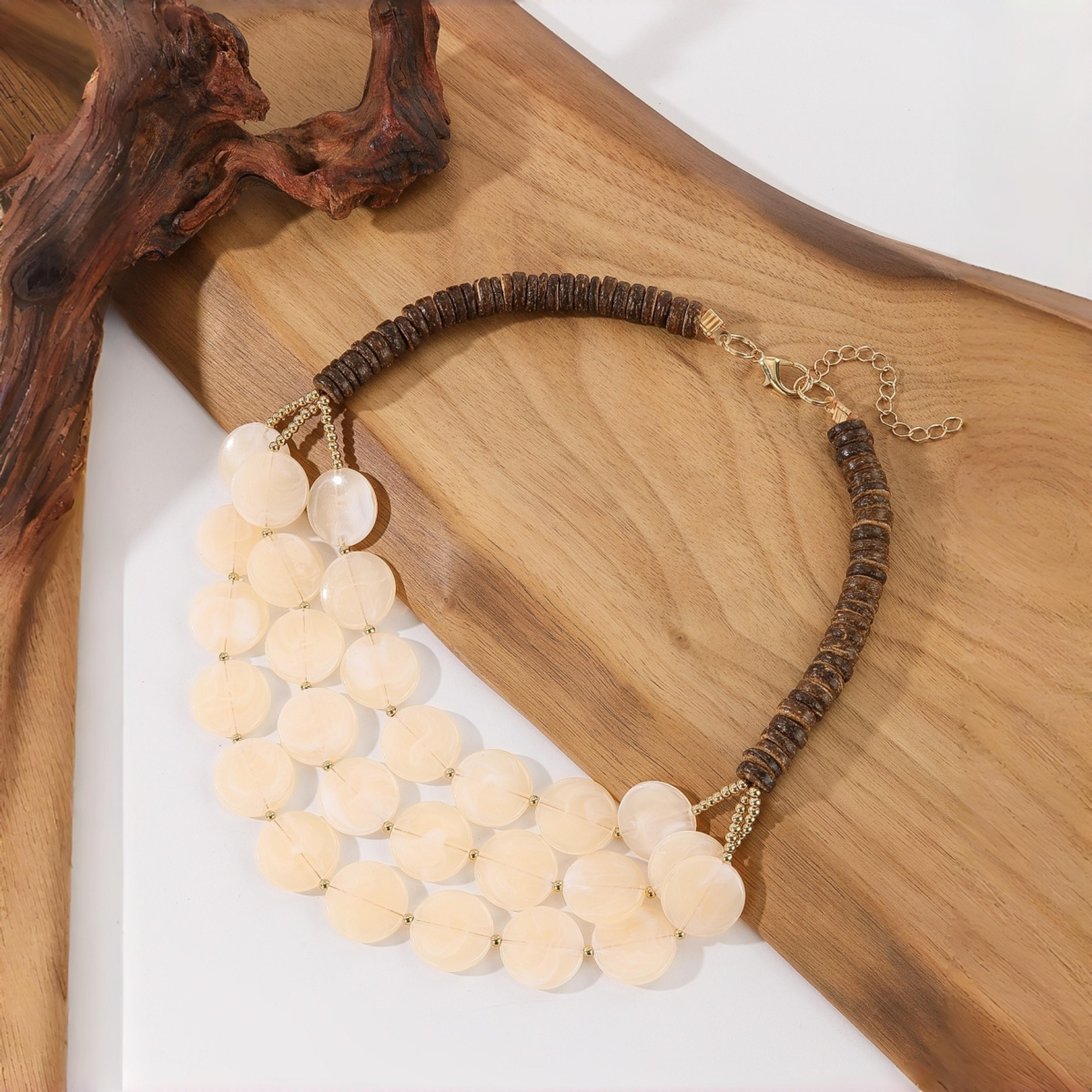 layered beaded necklace with wooden beads & geometric acrylic design