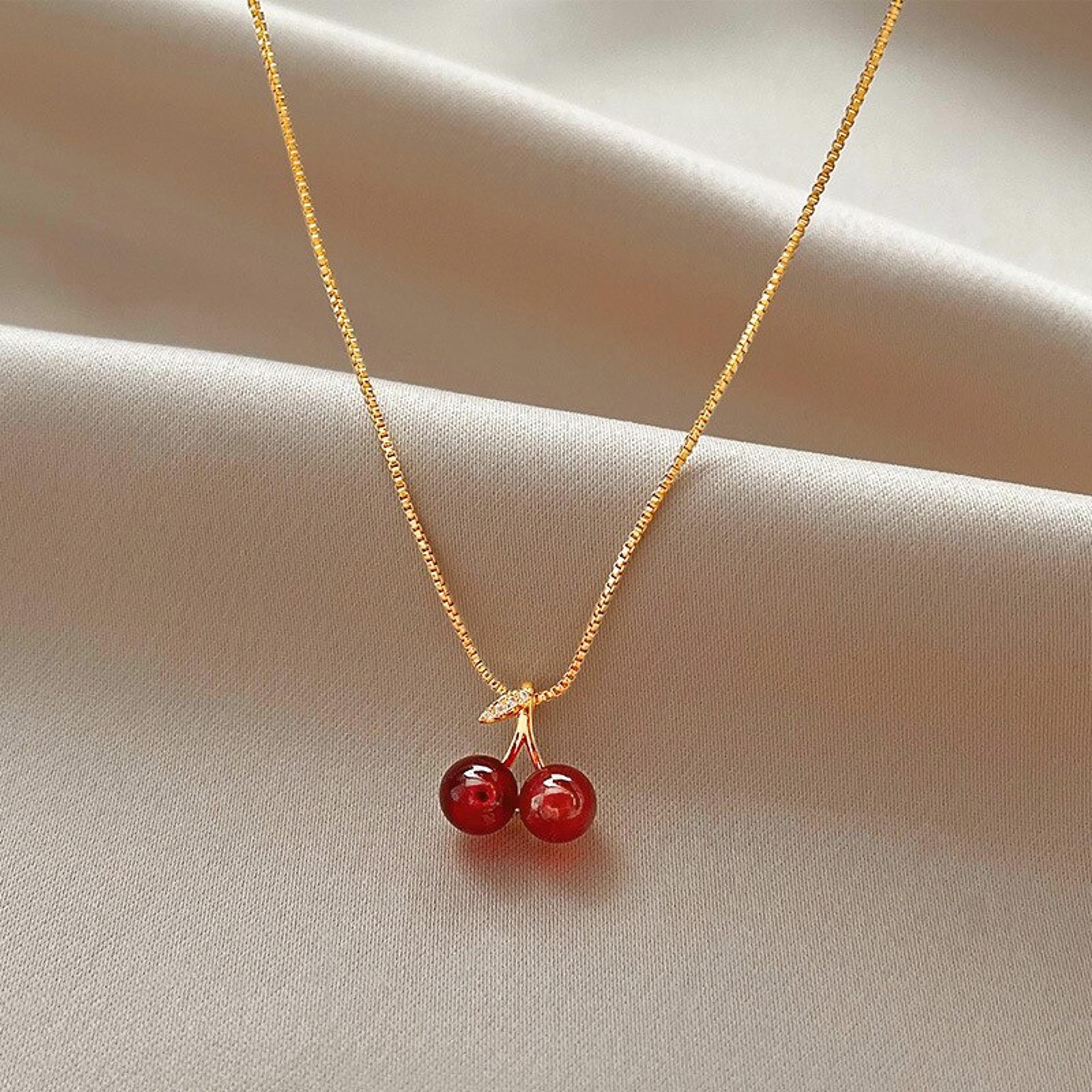 elegant cherry pendant necklace cute gold chain necklace for women with wine red fruit charm