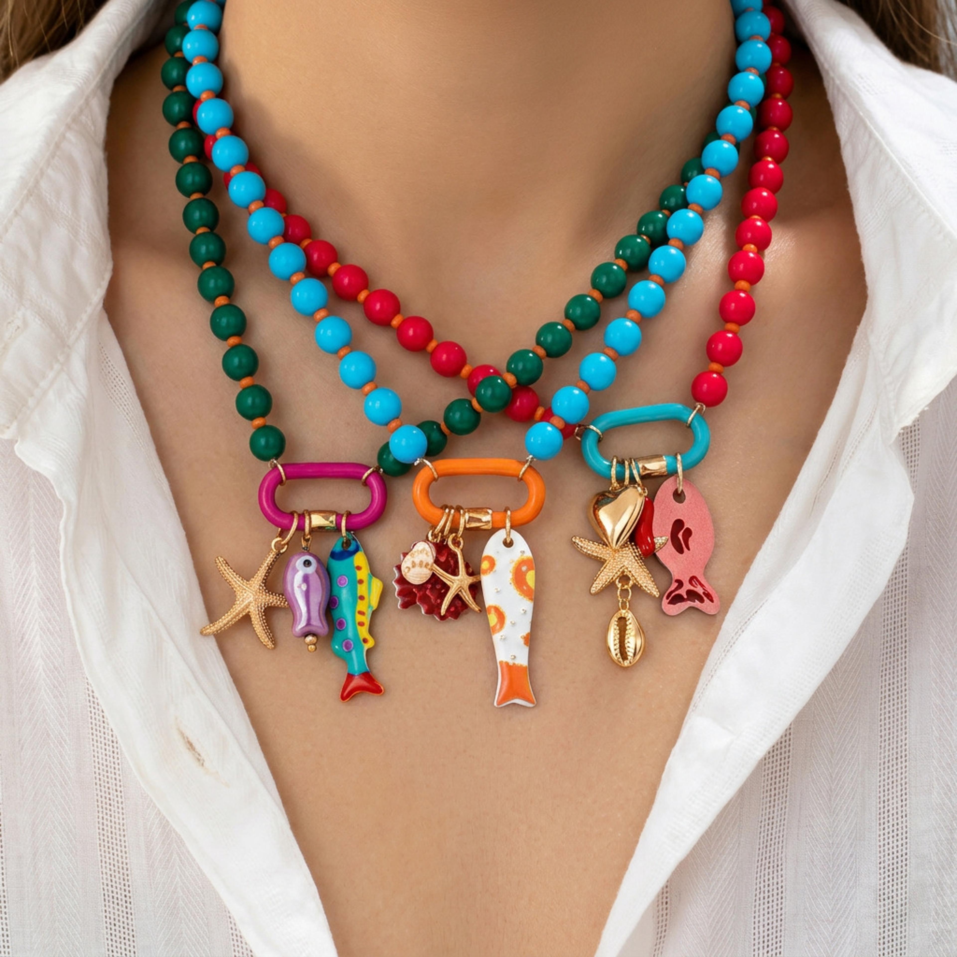 boho shell & starfish pendant necklace handmade colorful beaded beach jewelry for women