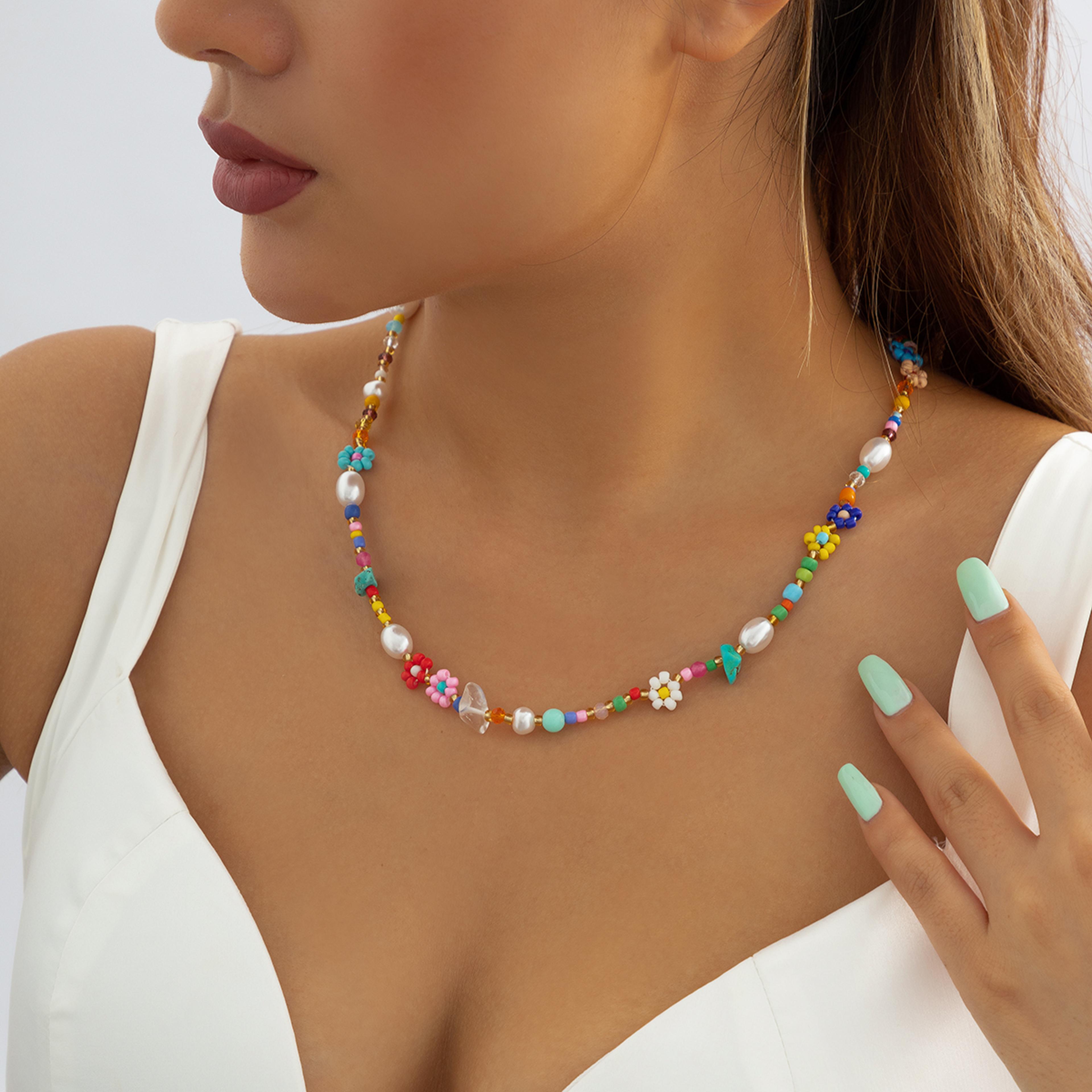 vintage pearl necklace with baroque pearls & floral seed beads choker for women