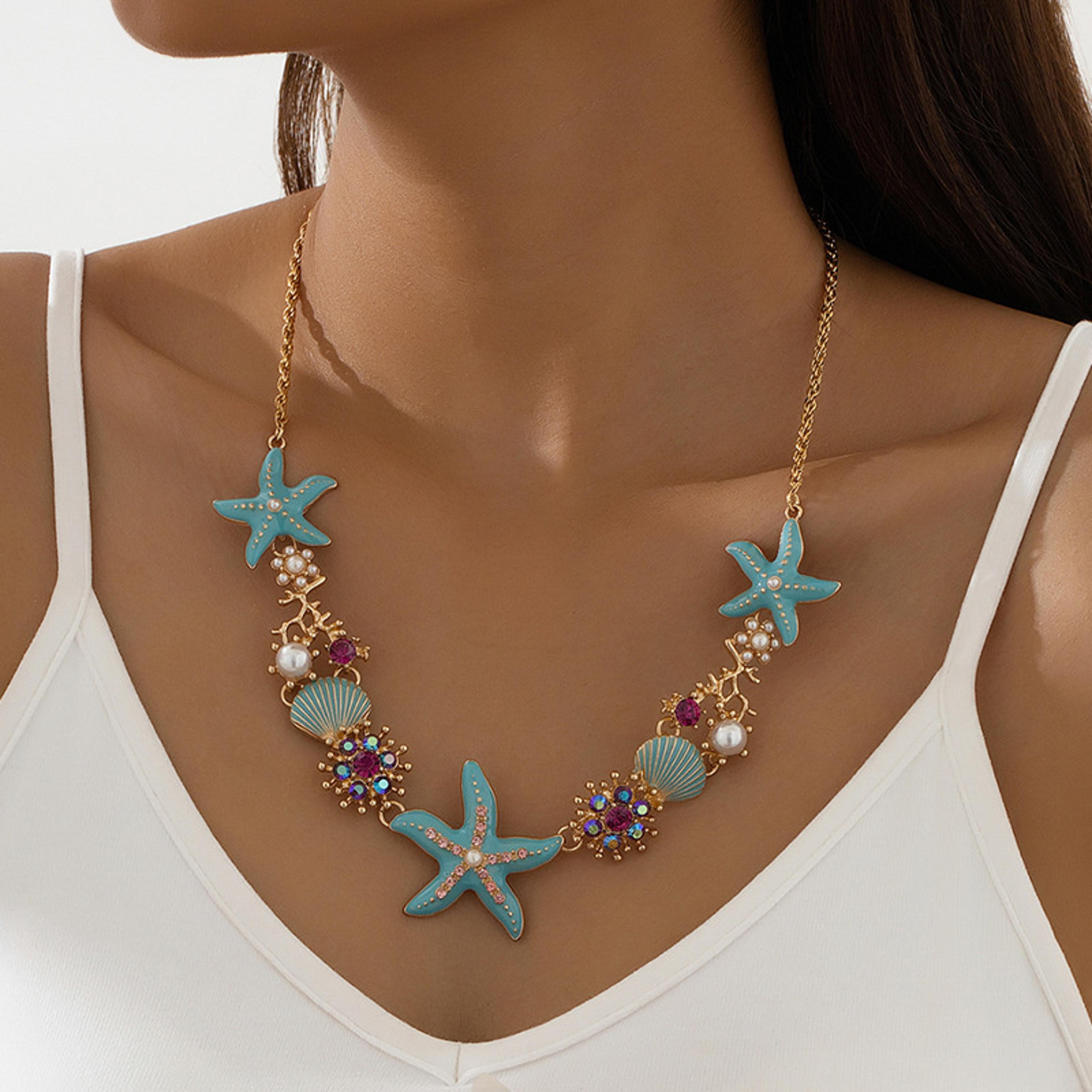vintage starfish necklace with shell & pearl pendant ocean inspired summer beach jewelry