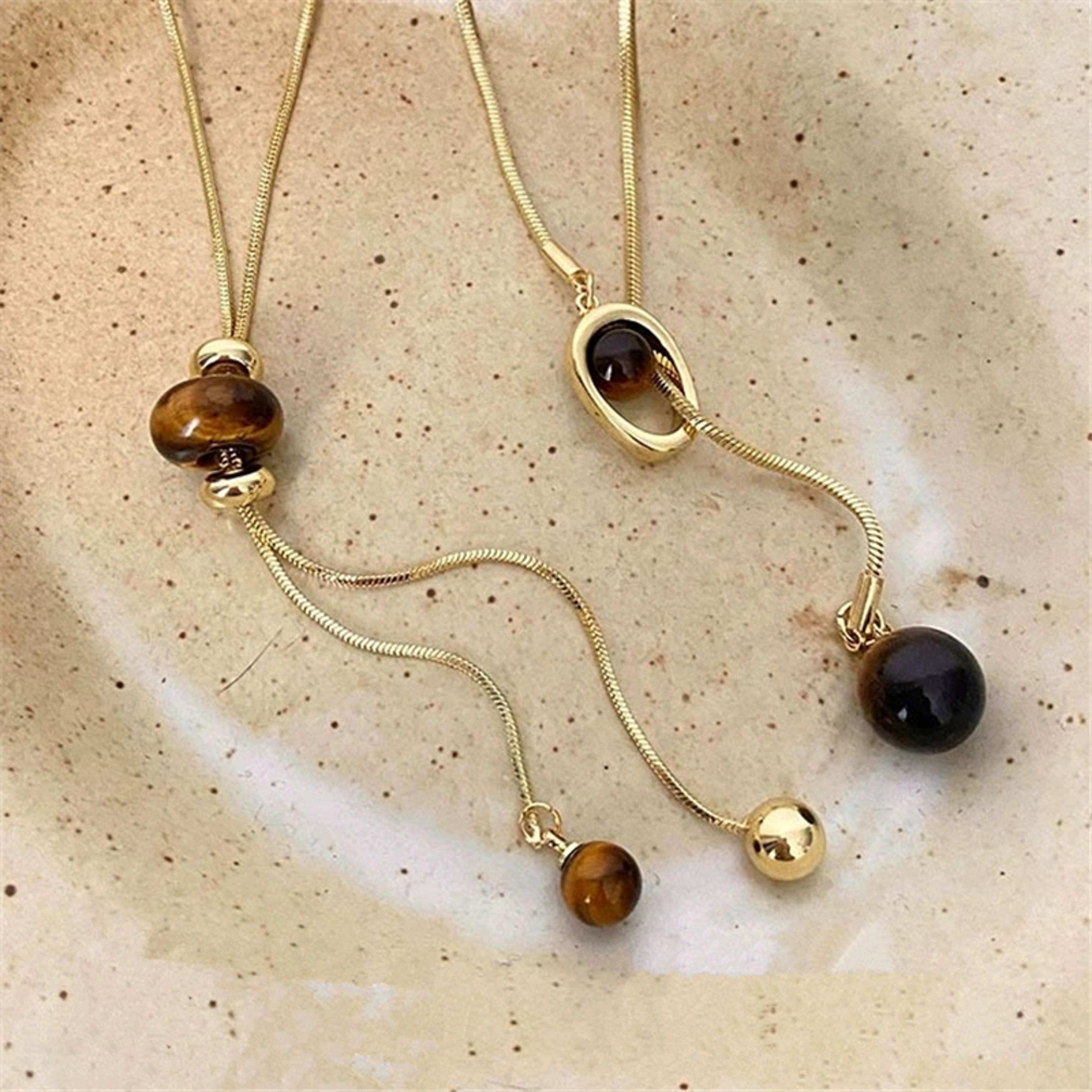 vintage tiger eye stone necklace minimalist gold snake chain necklace long sweater pendant for women