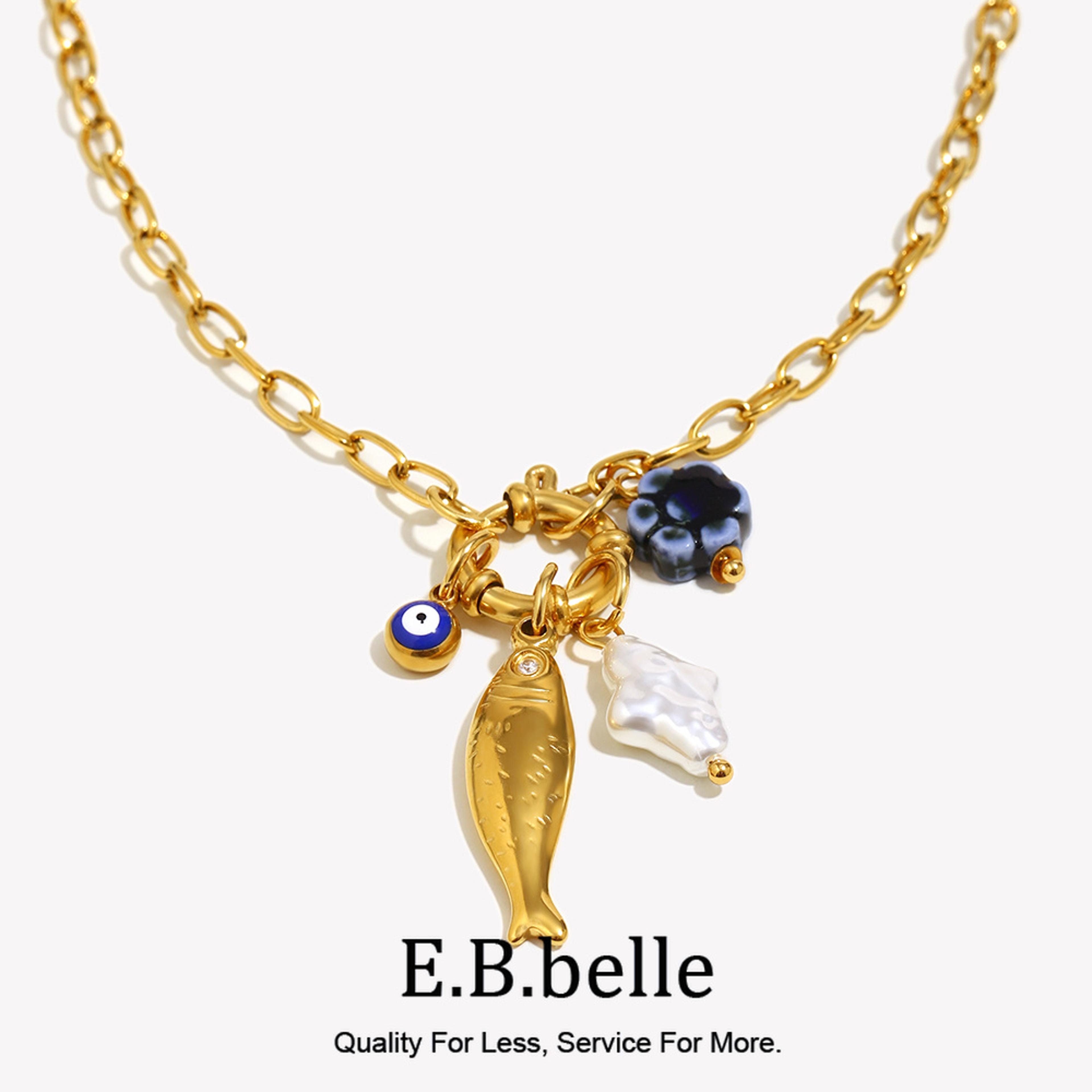 gold plated blue flower fish pendant necklace waterproof stainless steel beach jewelry for women