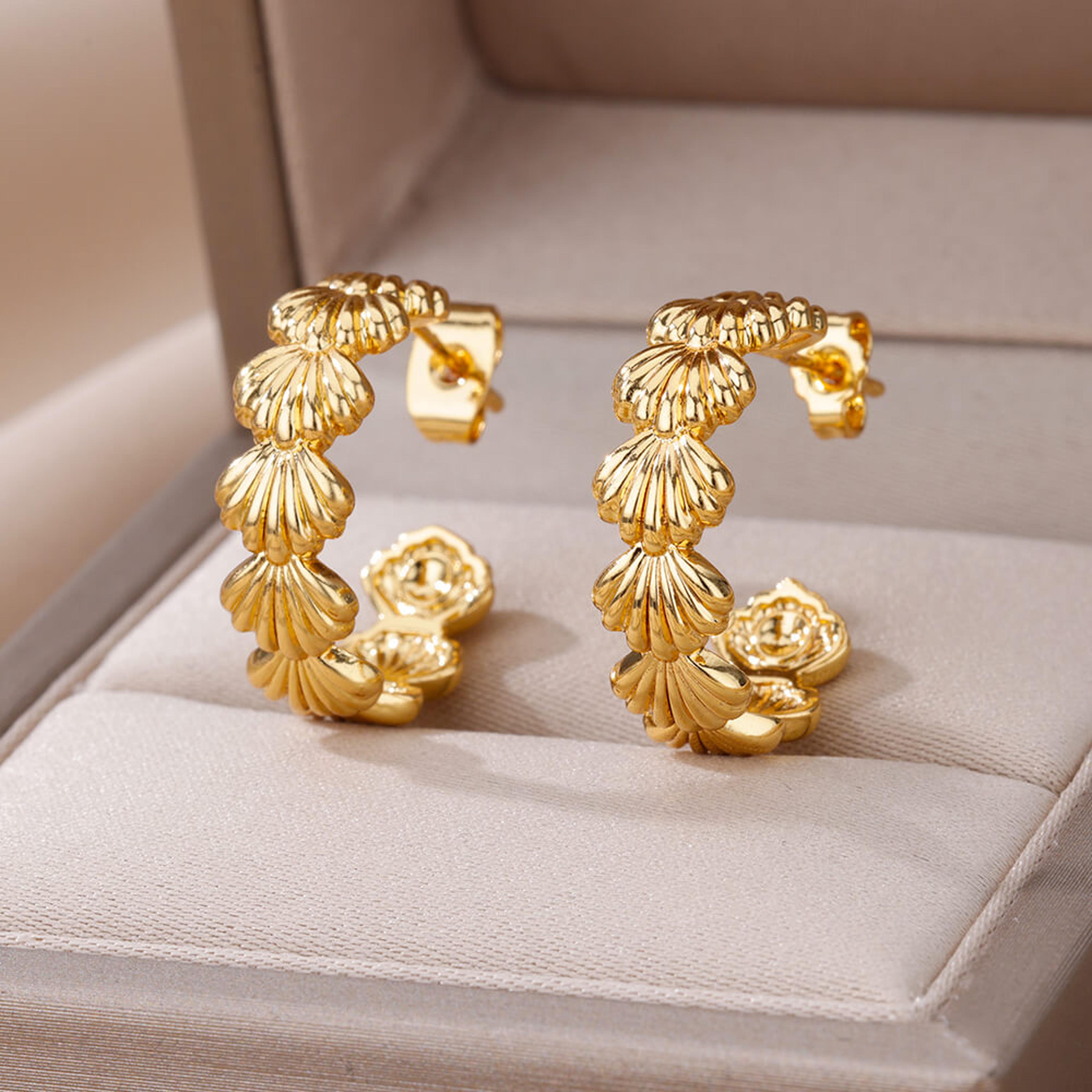 elegant earrings gold plated stainless steel earrings with shell c shape design