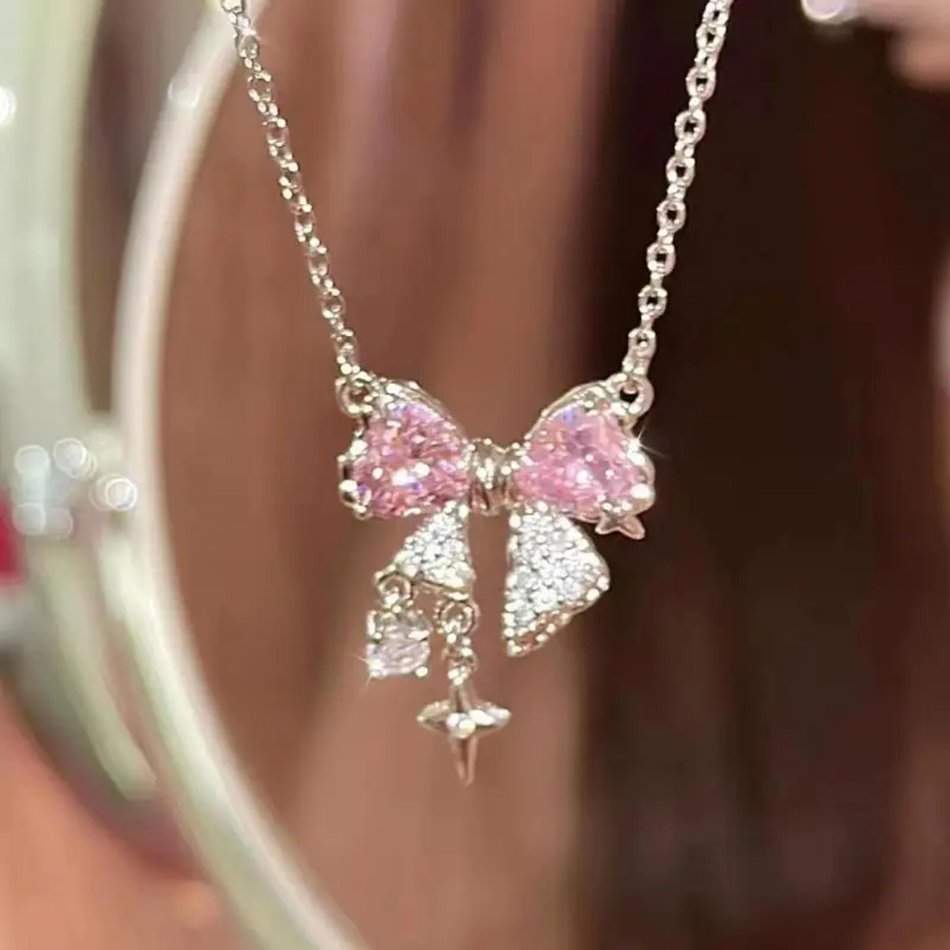 sweet bow necklace with pink zircon heart & rhinestone cross pendant for women