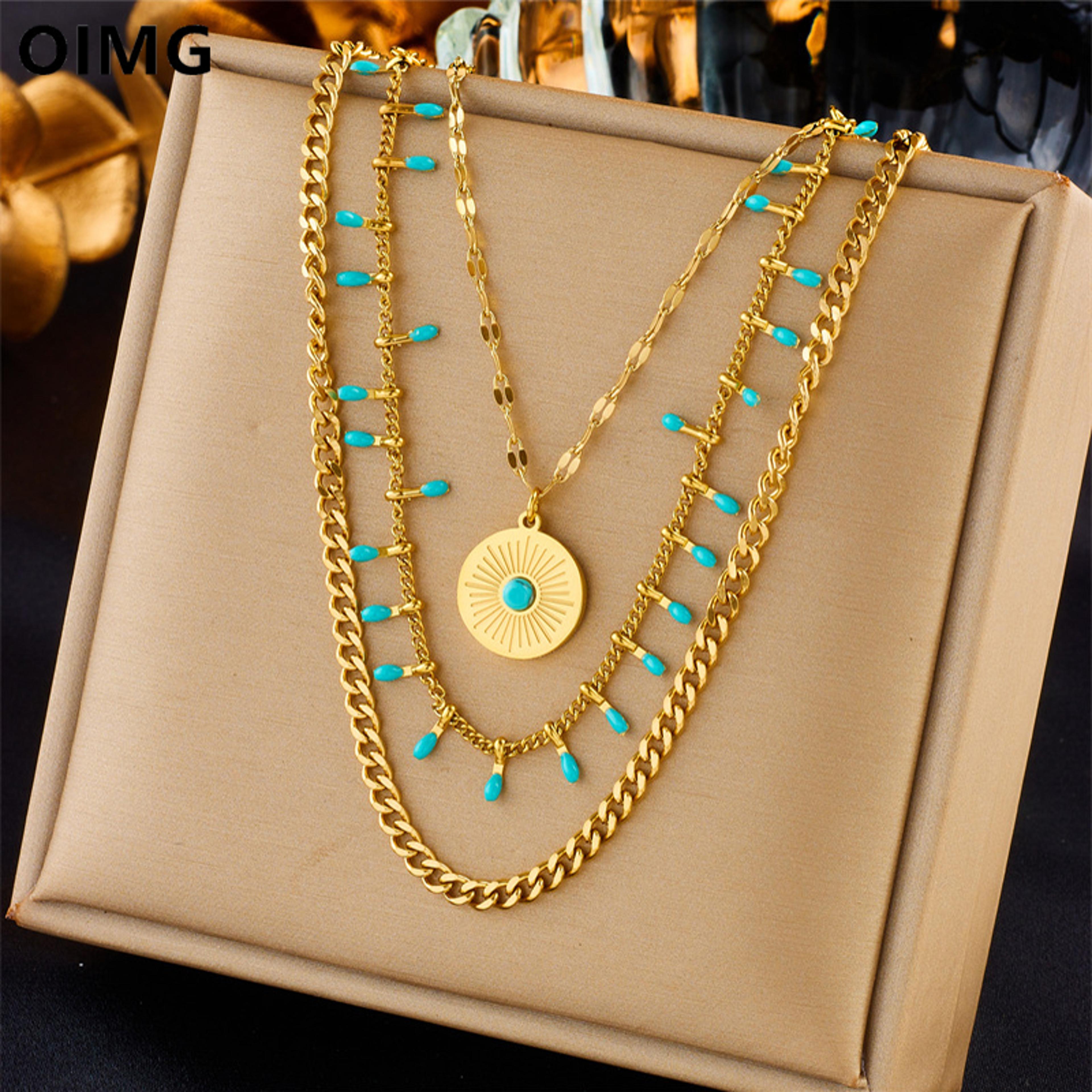 vintage evil eye necklace gold plated turquoise layered necklace in stainless steel