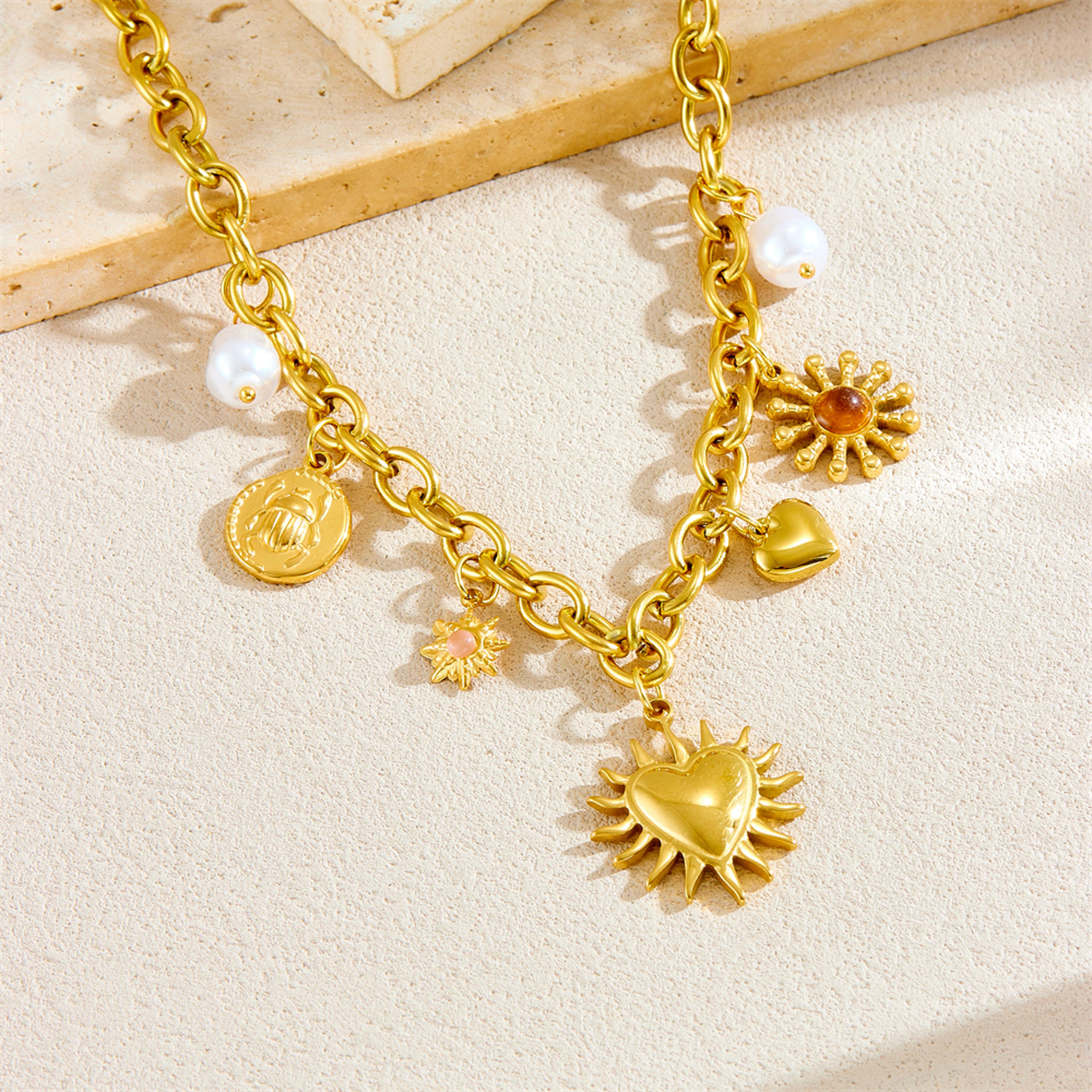 radiant sun pendant necklace stainless steel necklace with heart drop waterproof gold chain for women