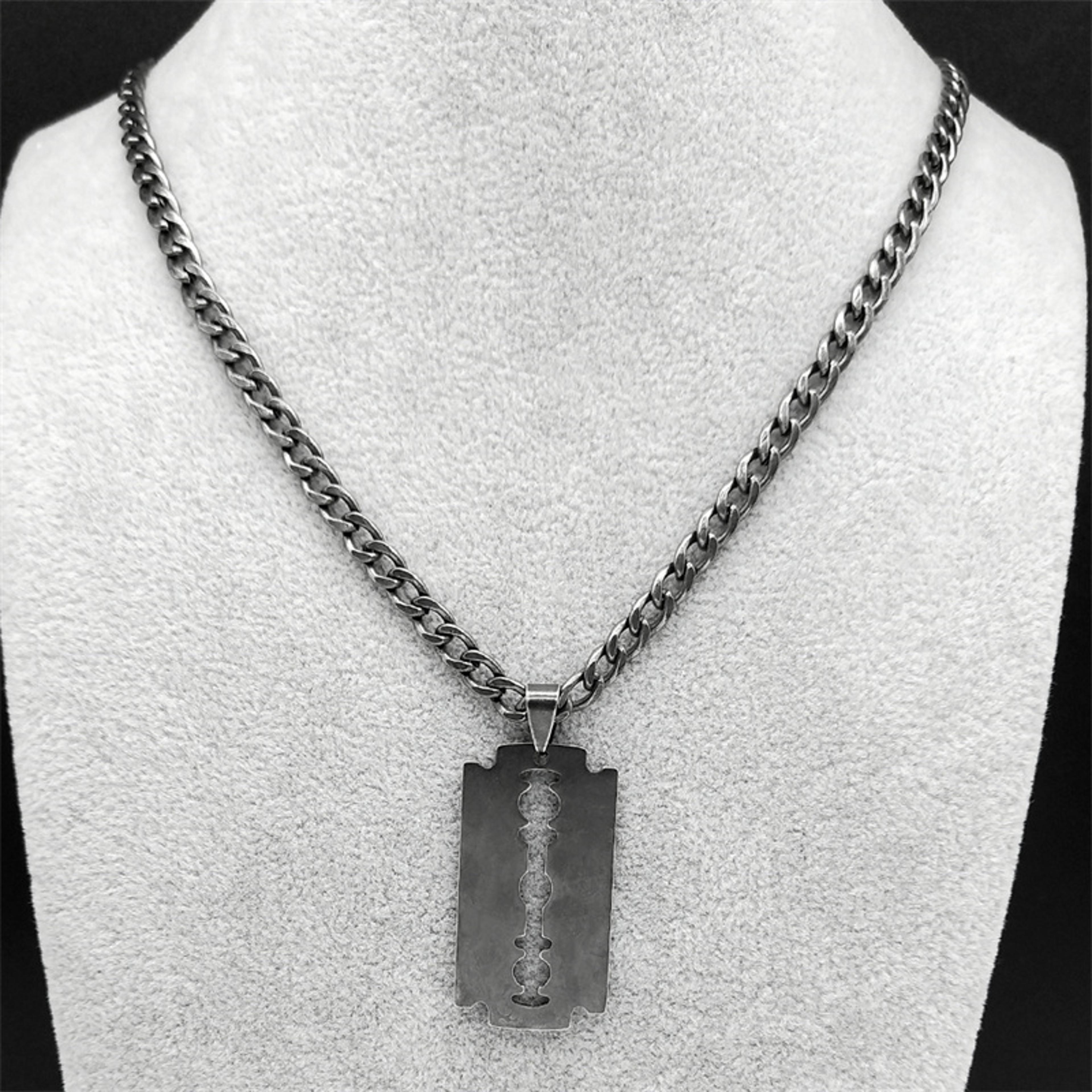 stainless steel razor blade necklace punk chain necklace for men & women, black gothic pendant