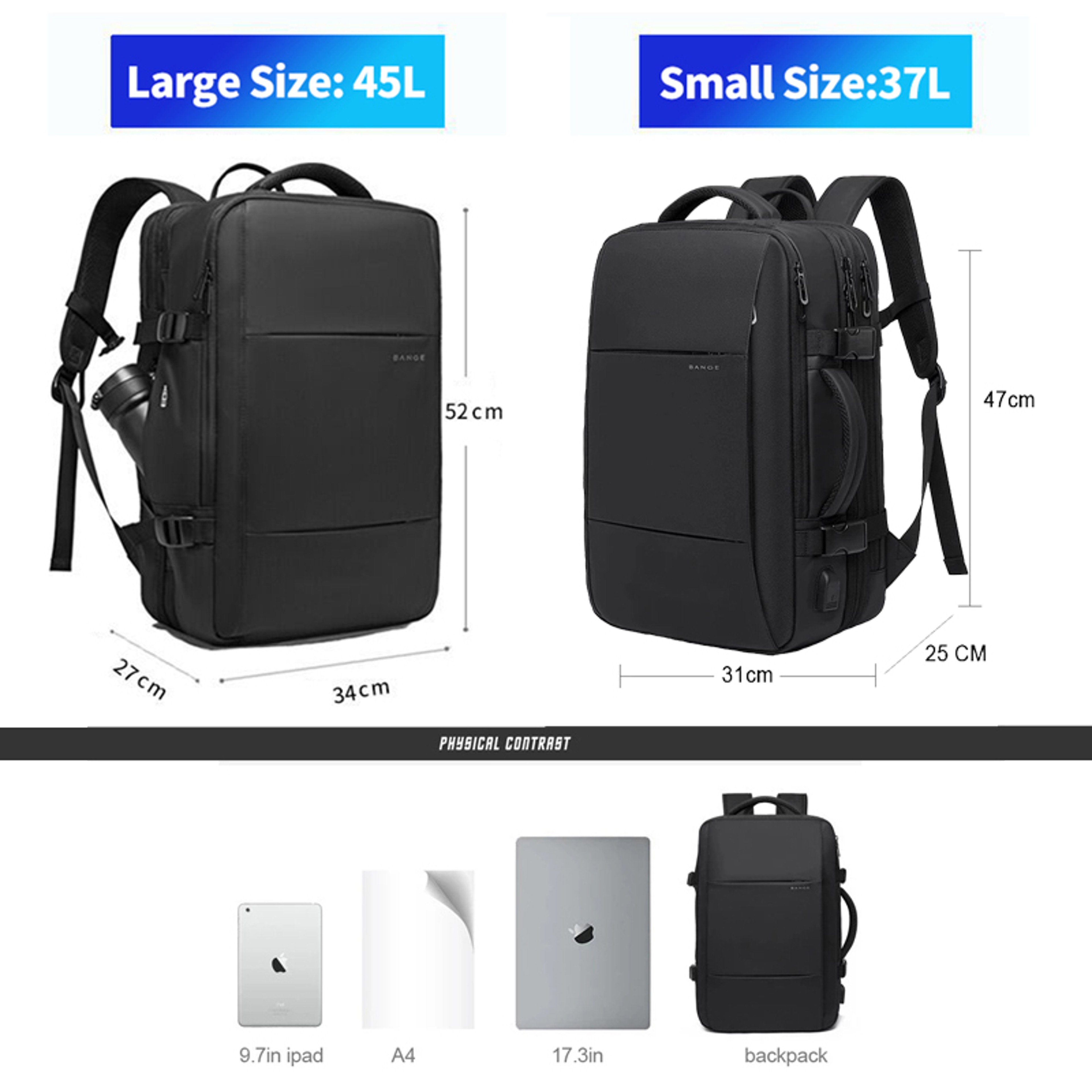 bange travel backpack Large Capacity Expandable Laptop bag Waterproof, Large-Black-45L-waterproof BANGE backpack has large capacity with three cubes BANGE Weekender Carry-on Backpack,45L Expandable