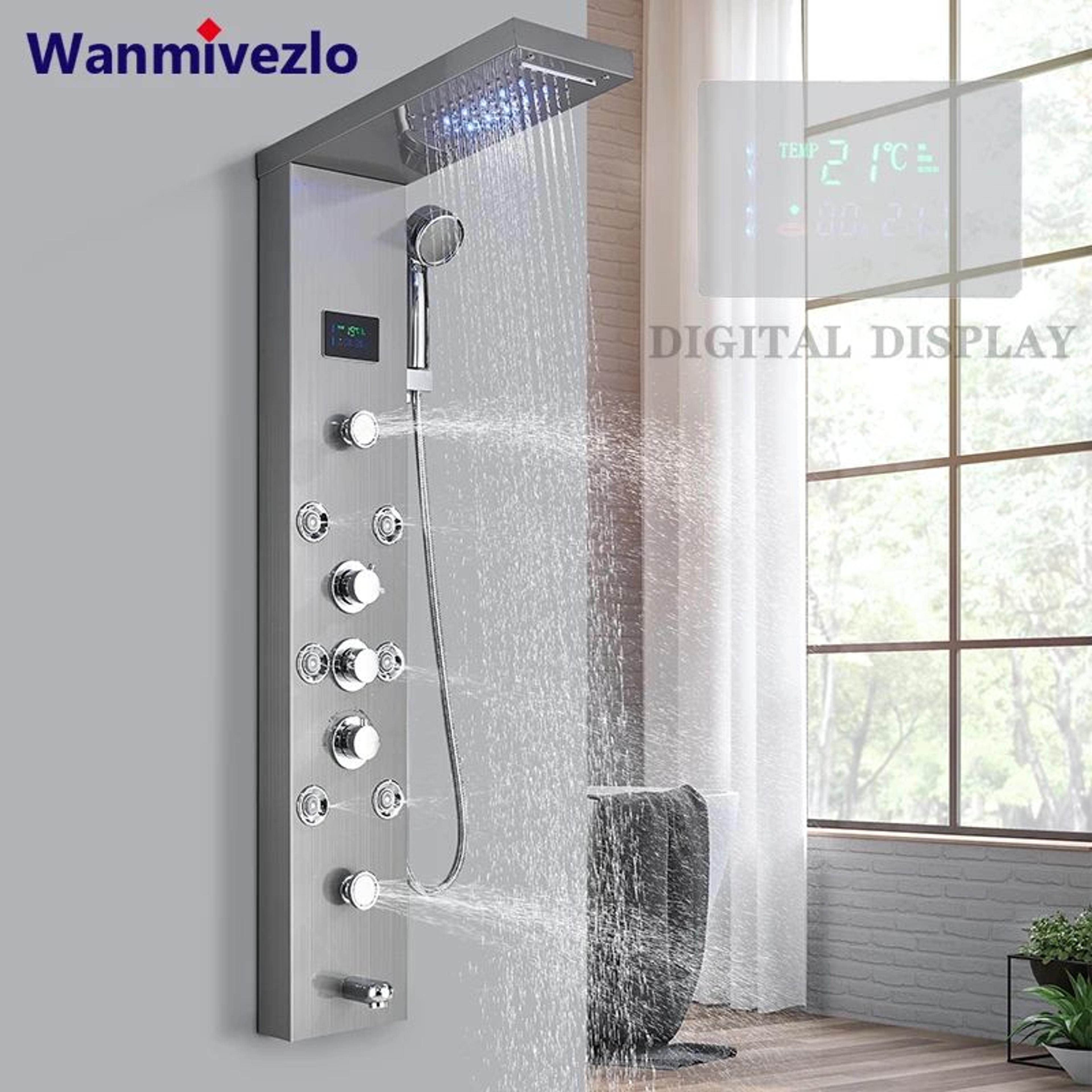 led light bathroom shower faucet set, rainfall panel system with digital temperature display, massage spa jets, and bat