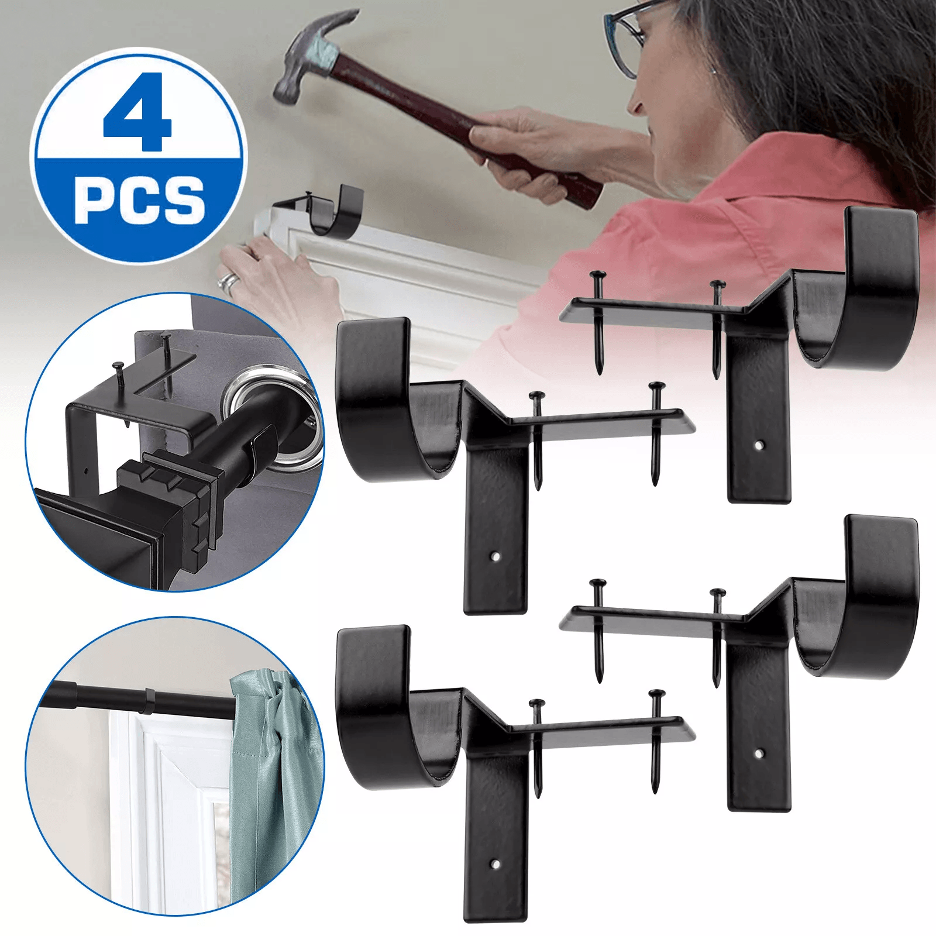 bracket hang curtain rod holders, single hook installs right into window frame for home decor, no drilling easy mounting