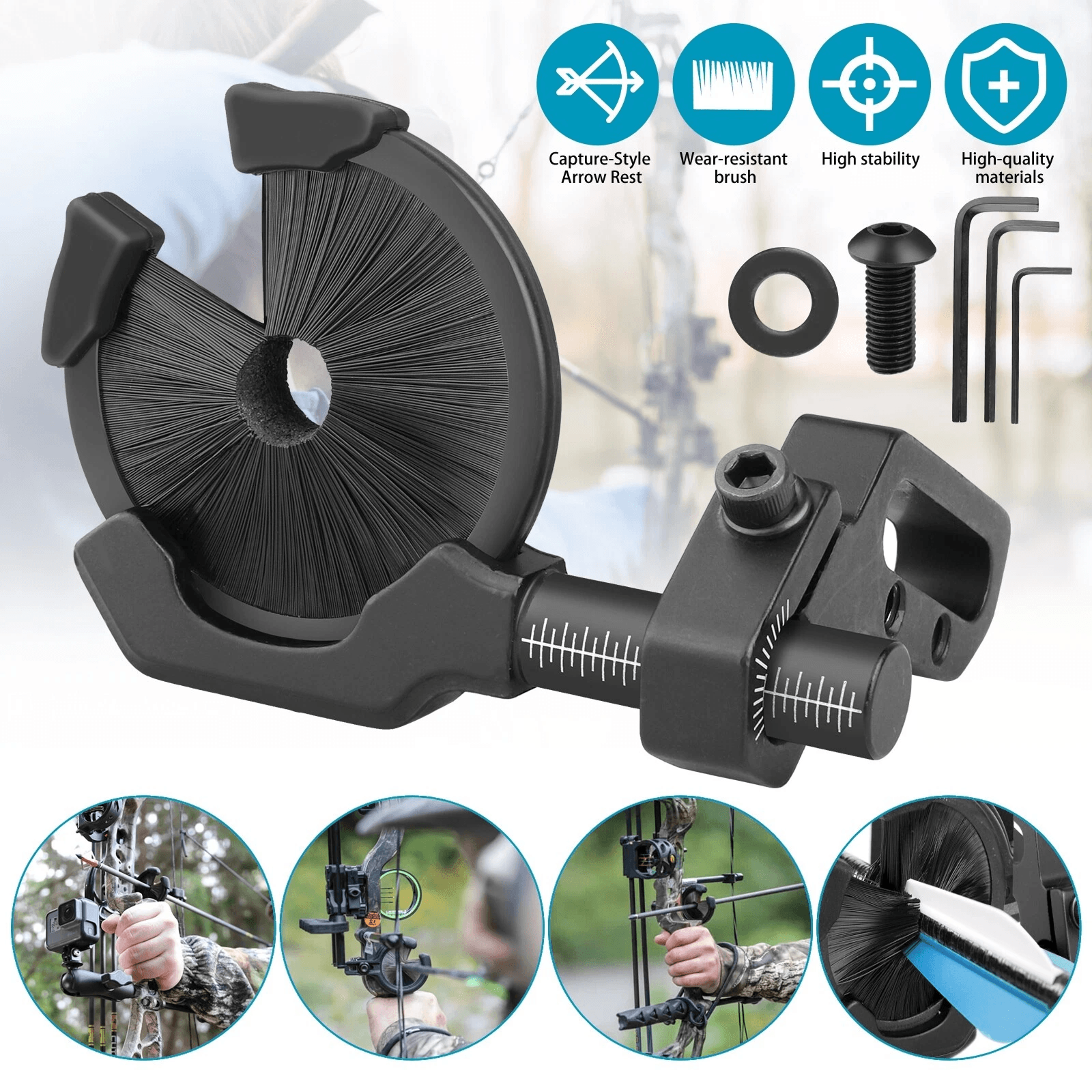 adjustable brush arrow rest for compound recurve bow, ambidextrous archery accessory for target shooting and bow hunting