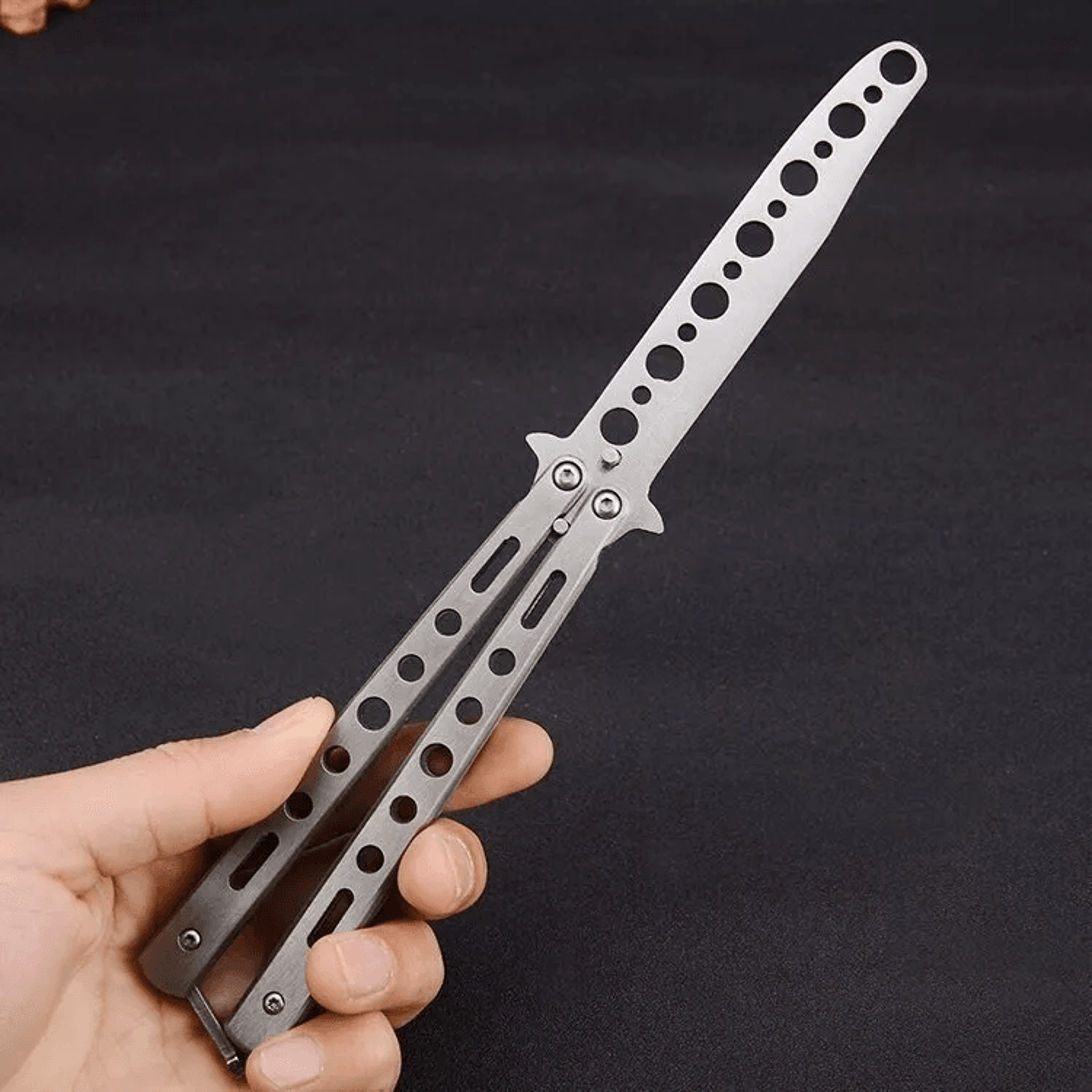 black metal butterfly knife trainer, dull tool for practice, folding stainless steel training knife for beginners