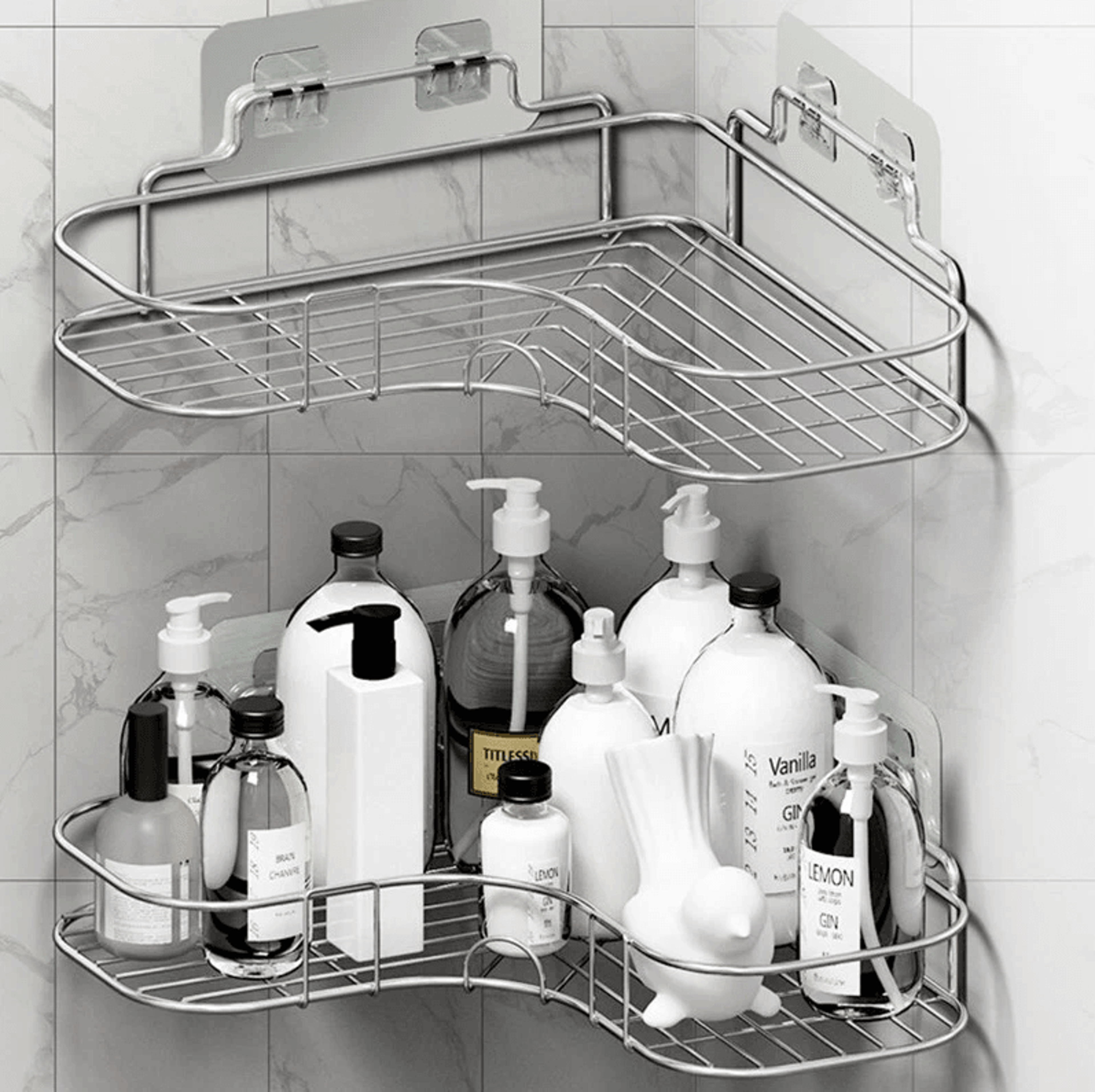 rustproof shower caddy shelf for bathroom corner, triangular bath storage organizer rack with strong adhesive mount