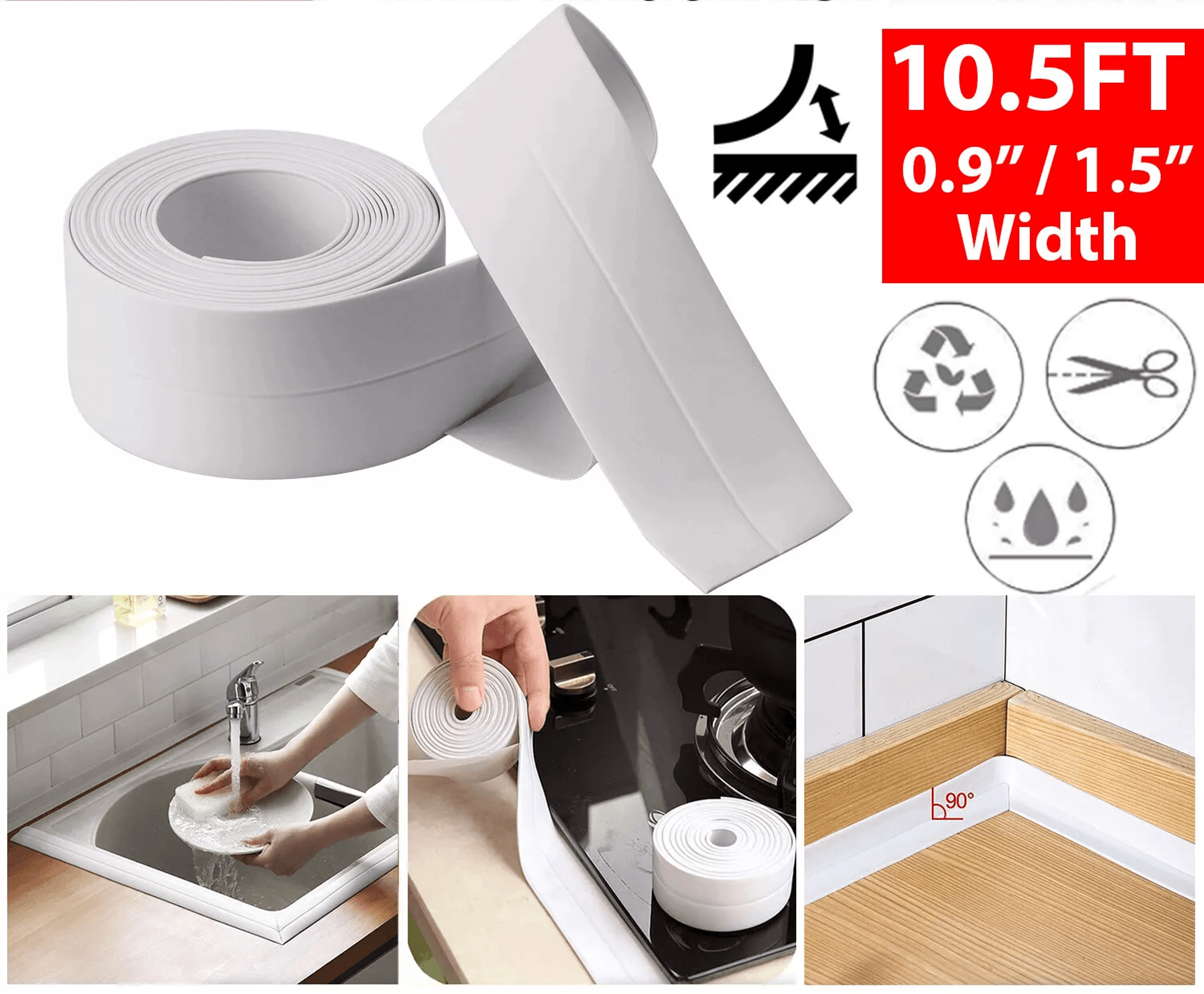 pvc self adhesive caulk sealing strip tape for kitchen wall sink toilet, waterproof flexible trim for bathroom & window