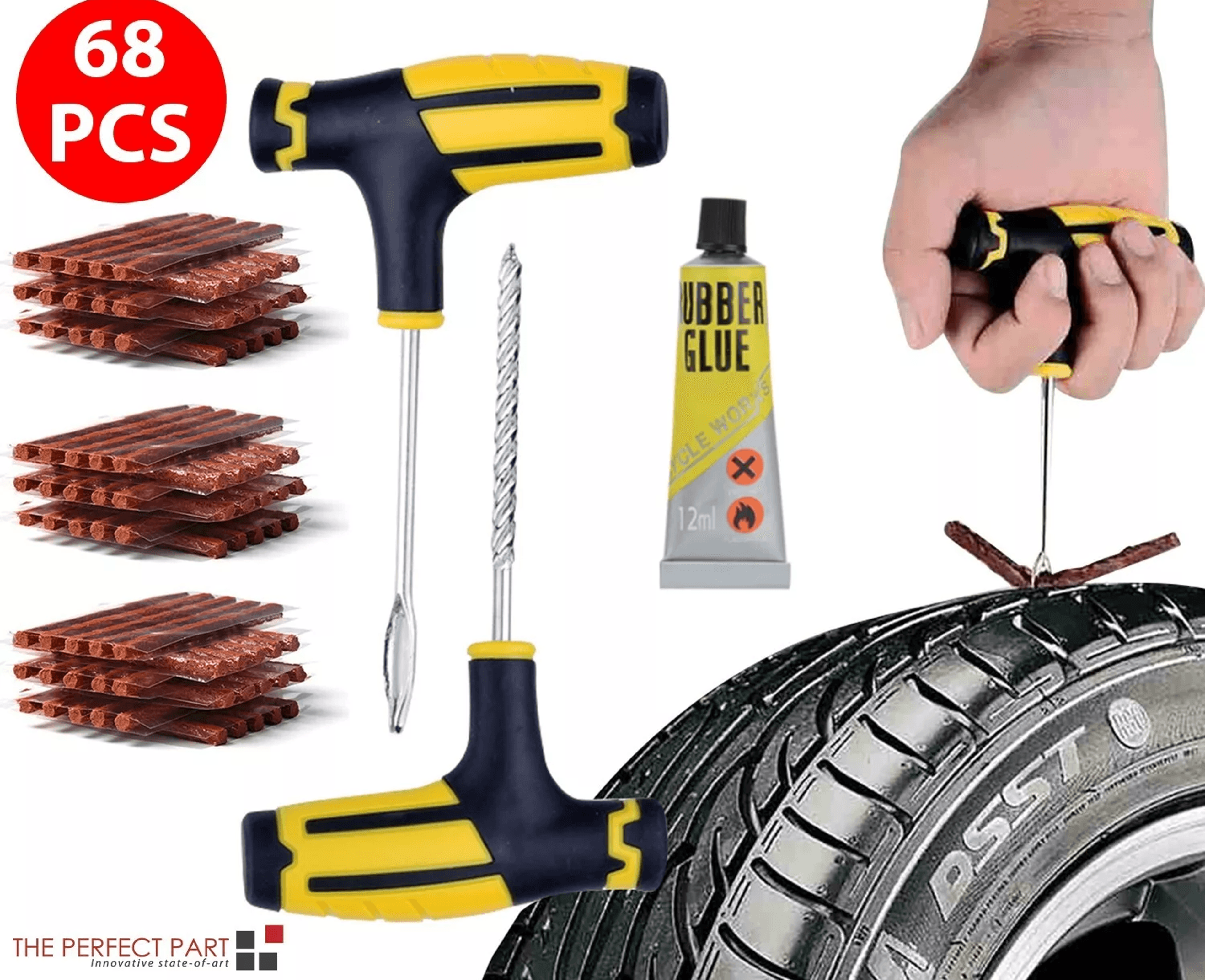 tire repair kit, heavy duty diy flat tire plug patch set for car, truck, motorcycle, suv, atv & home garage use