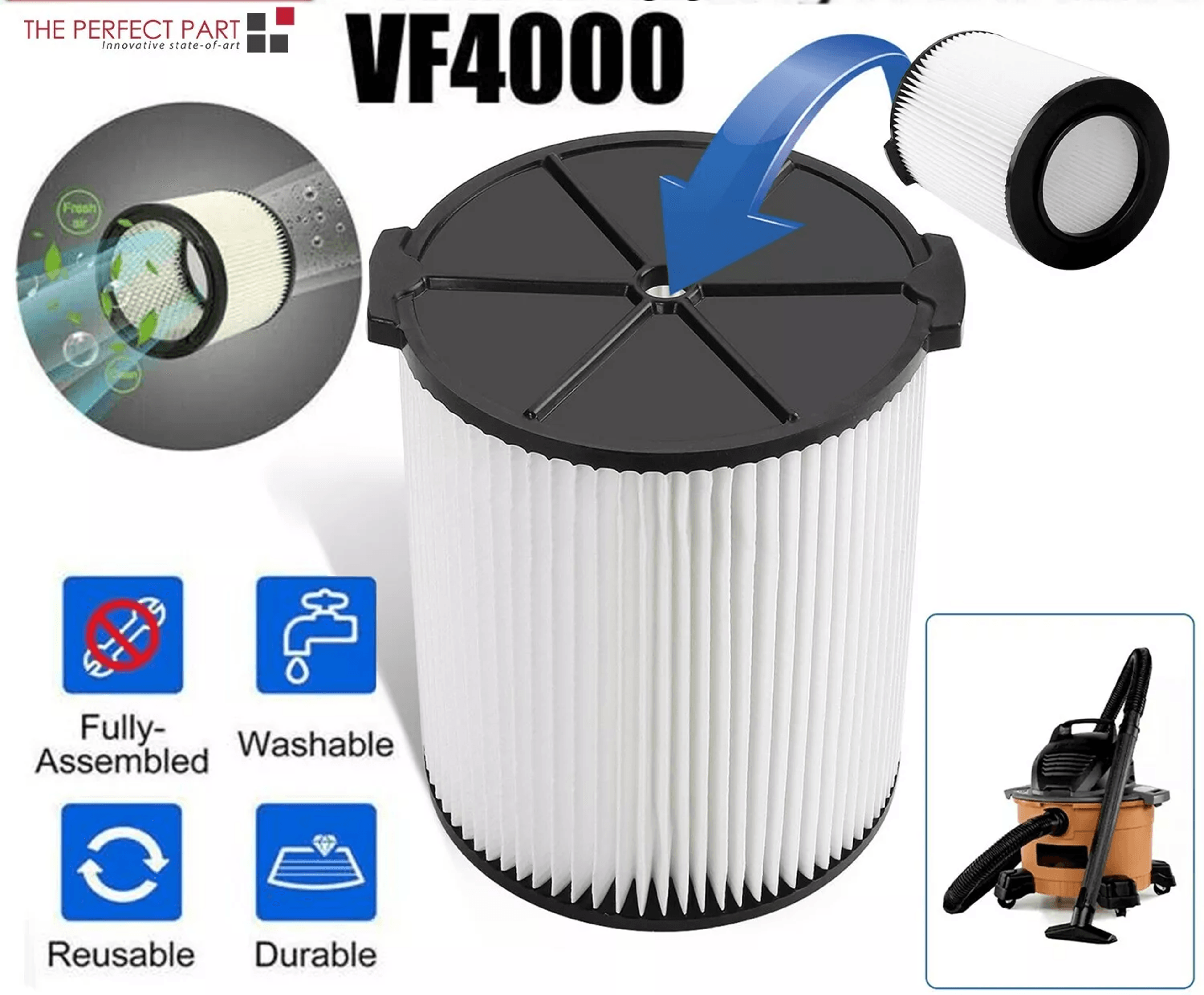 vf replacement ridgid wet/dry washable vacuum filter, pleated filter for garage shop vac, fits gallon ridgid, husk model