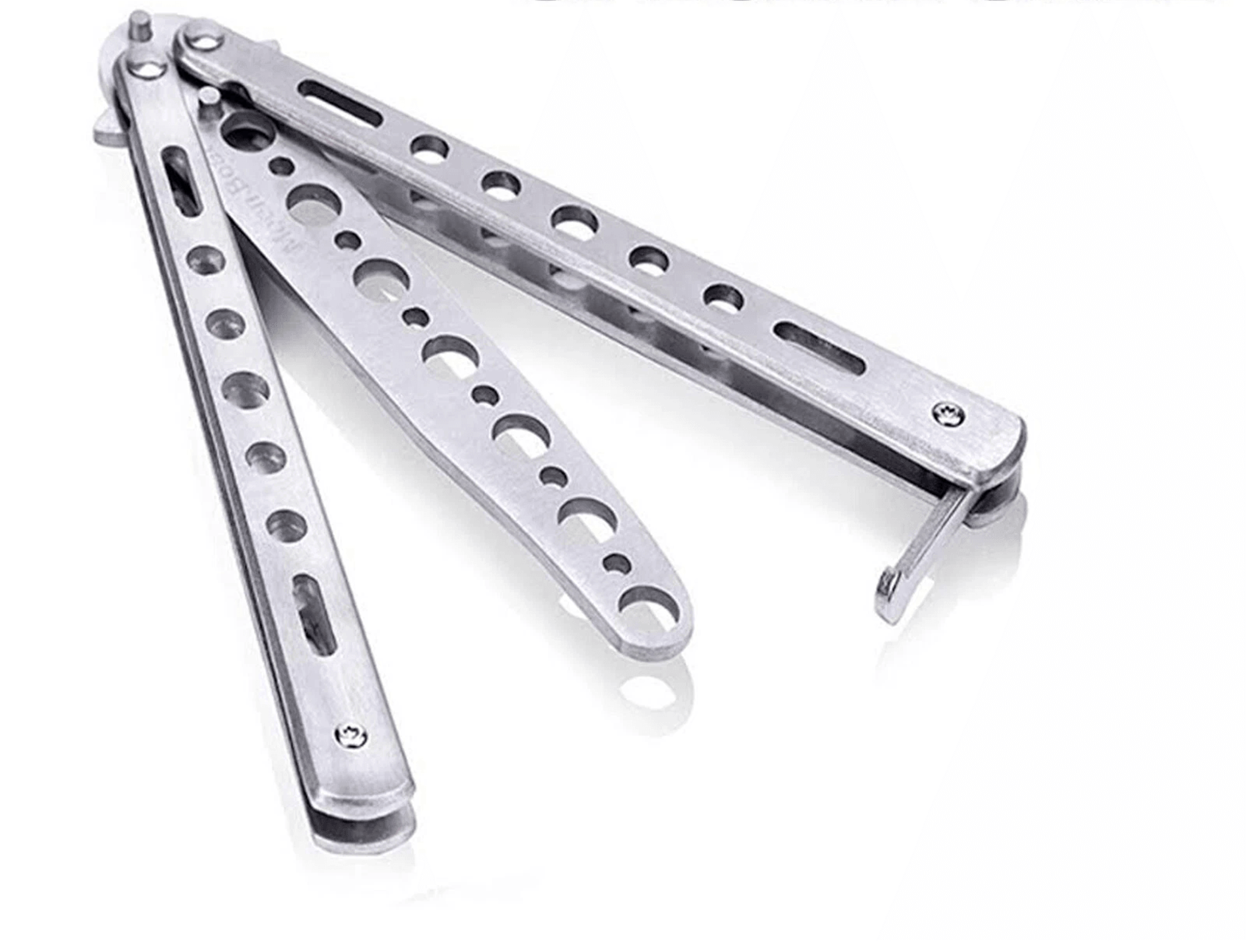 balisong butterfly trainer knife practice tool, safe metal black silver flip knife for beginners & gifting