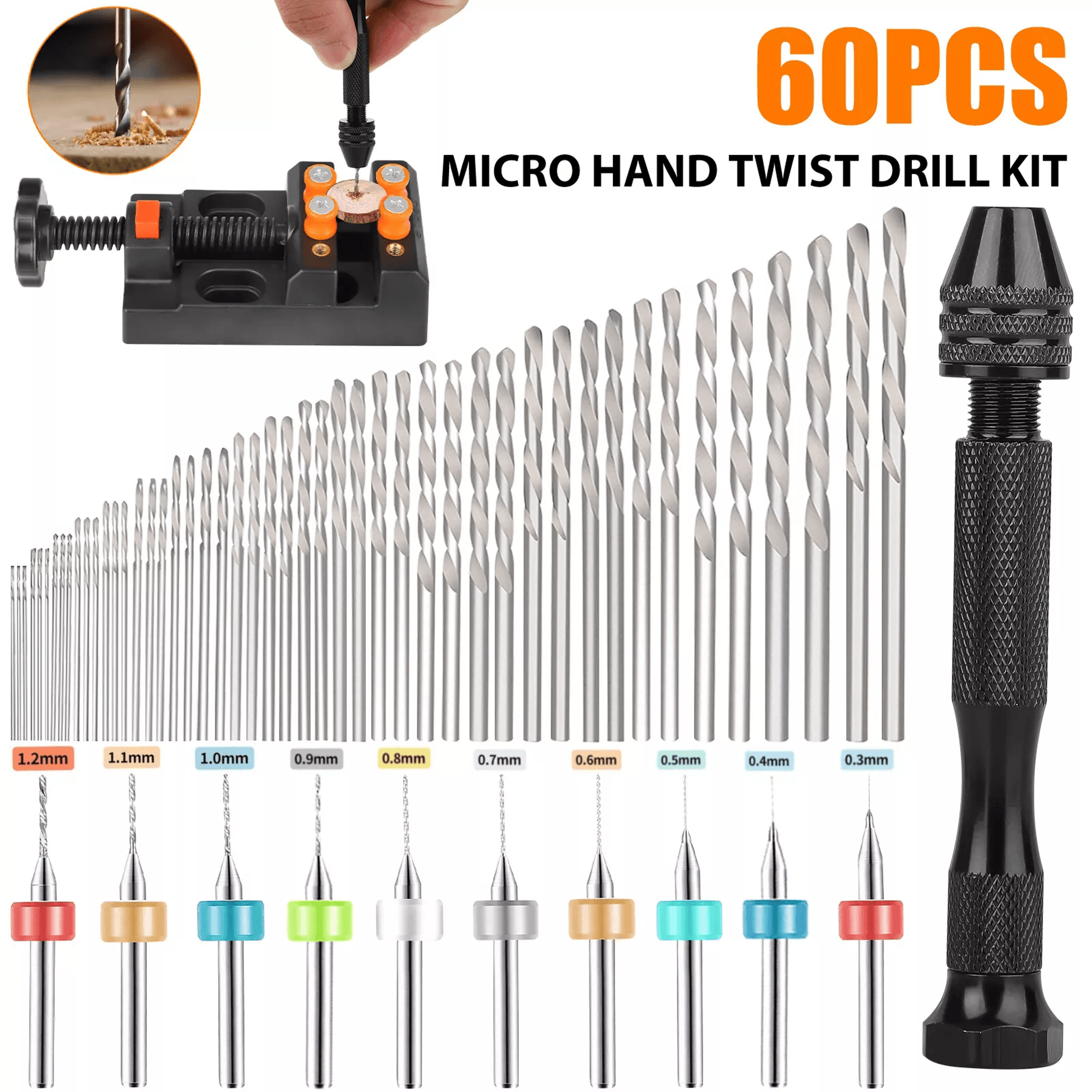 mini micro hand drill bits set with manual keyless chuck pin vise, twist drills, pcb bits, rotary tools for precision