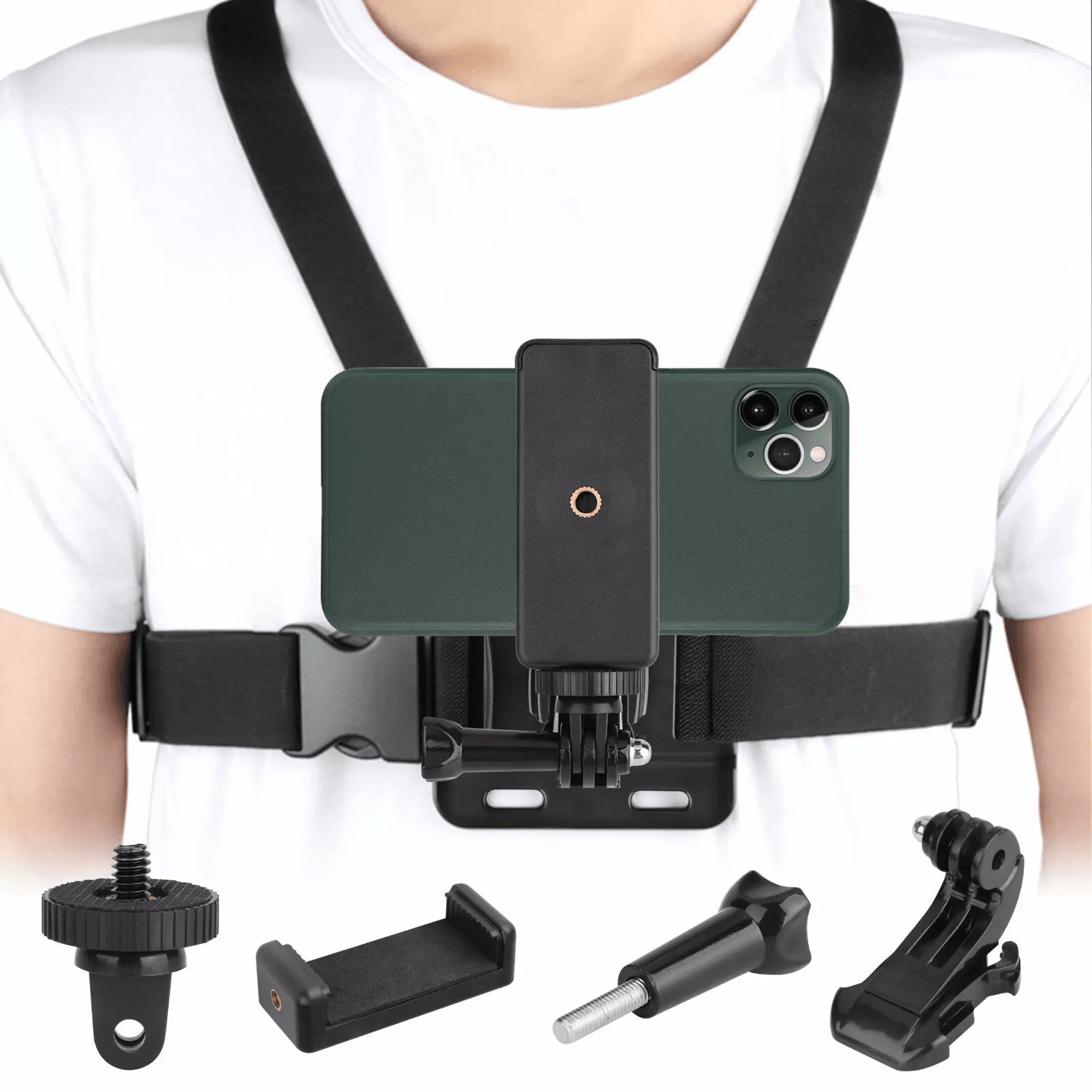 chest harness body strap mount accessories, adjustable hands-free phone holder for iphone, android & gopro action camera